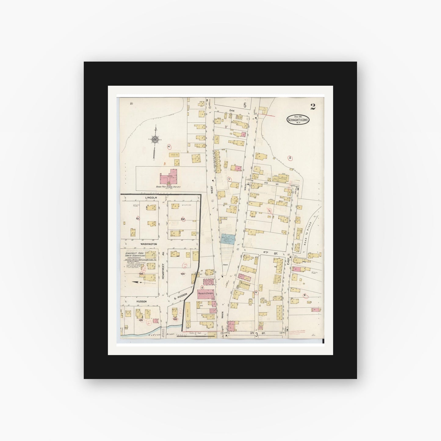 Old map wall art mockup — black gallery frame with white mat — Sanborn Fire Insurance Map from Schaghticoke, Rensselaer County, New York (1938), Sheet #0002