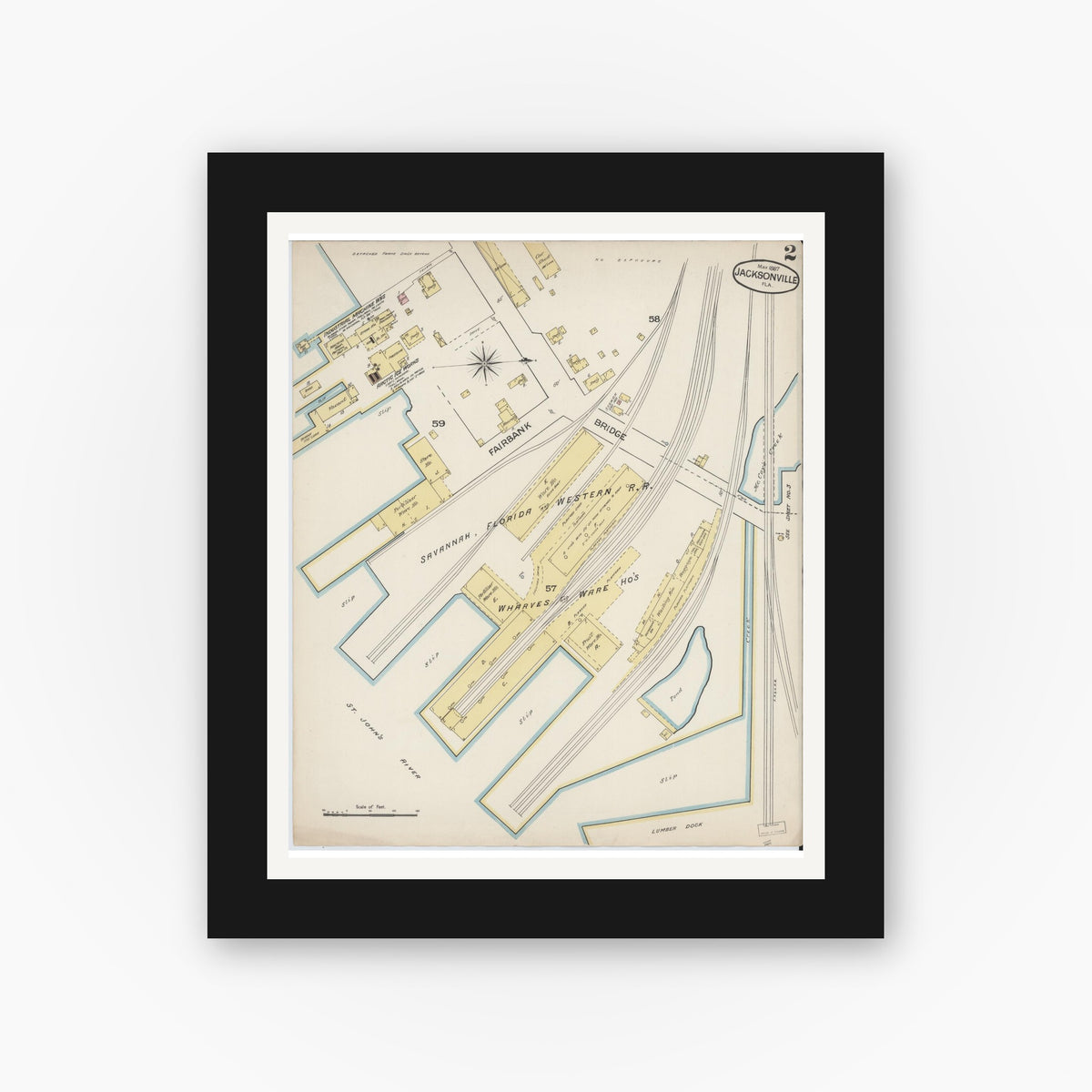 Old map wall art mockup — black gallery frame with white mat — Sanborn Fire Insurance Map from Jacksonville, Duval County, Florida (1887), Sheet #0002