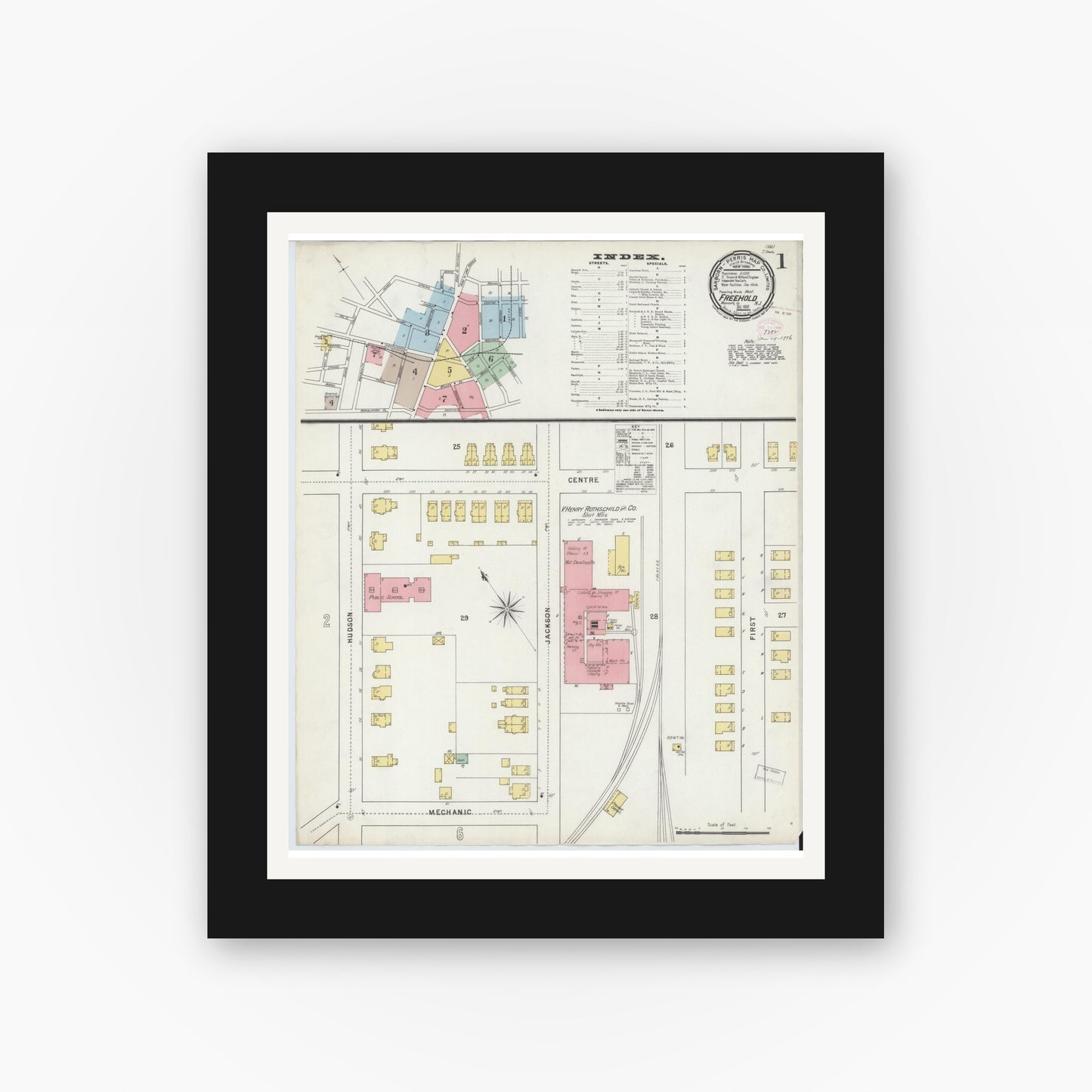 Old map wall art mockup — black gallery frame with white mat — Sanborn Fire Insurance Map from Freehold, Monmouth County, New Jersey (1895) - Complete Map Set