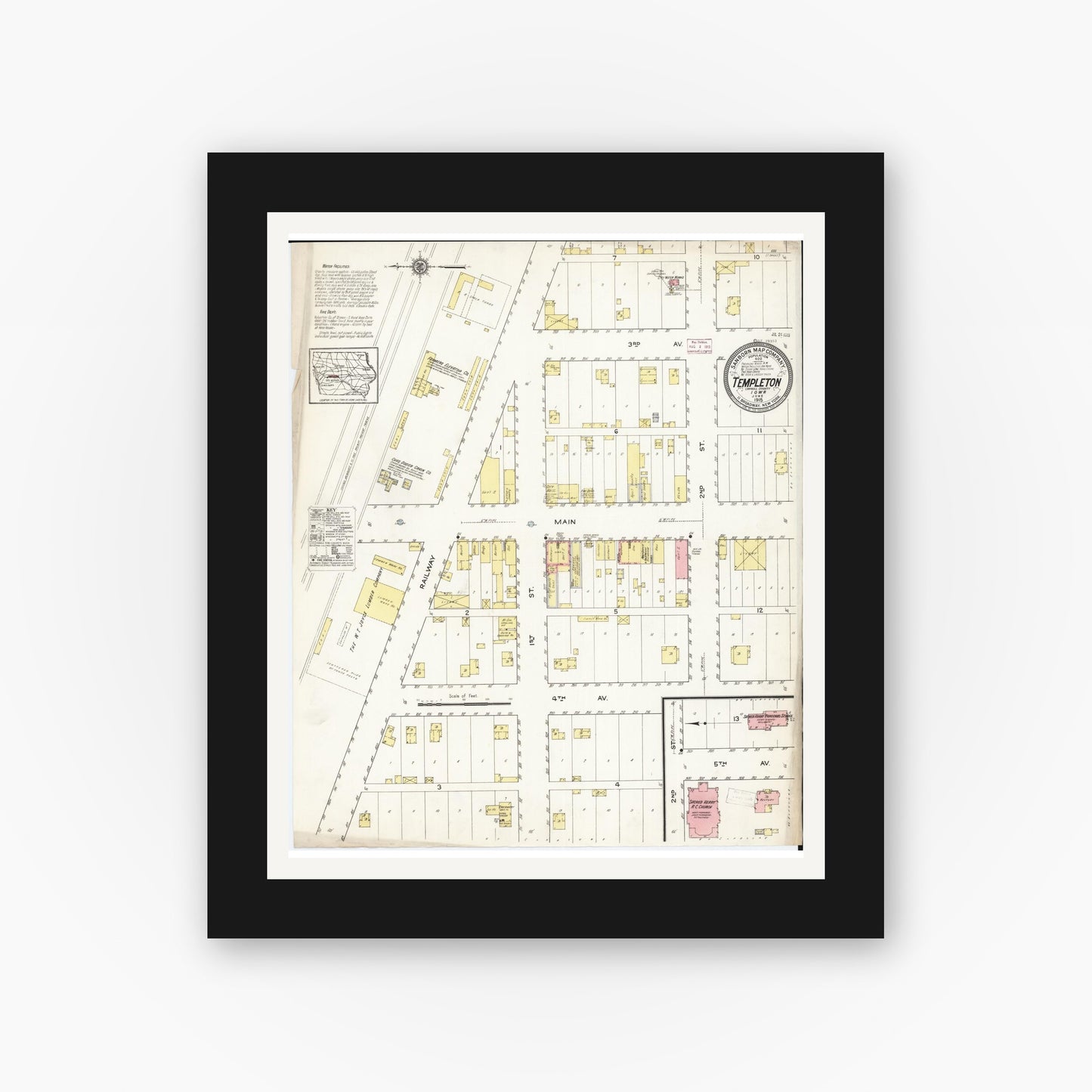 Old map wall art mockup — black gallery frame with white mat — Sanborn Fire Insurance Map from Templeton, Carroll County, Iowa (1915), Sheet #0001