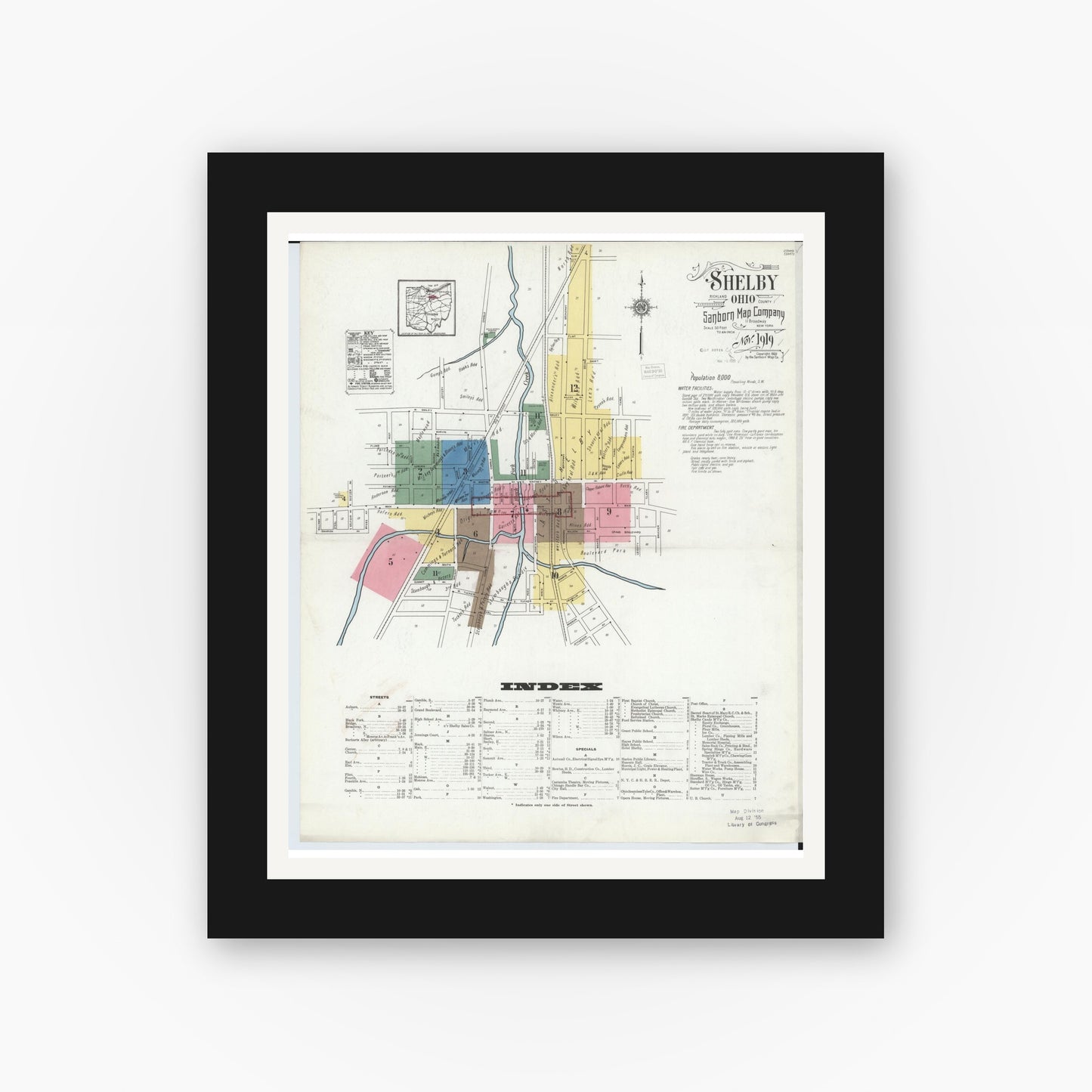 Old map wall art mockup — black gallery frame with white mat — Sanborn Fire Insurance Map from Shelby, Richland County, Ohio (1919), Sheet #0001