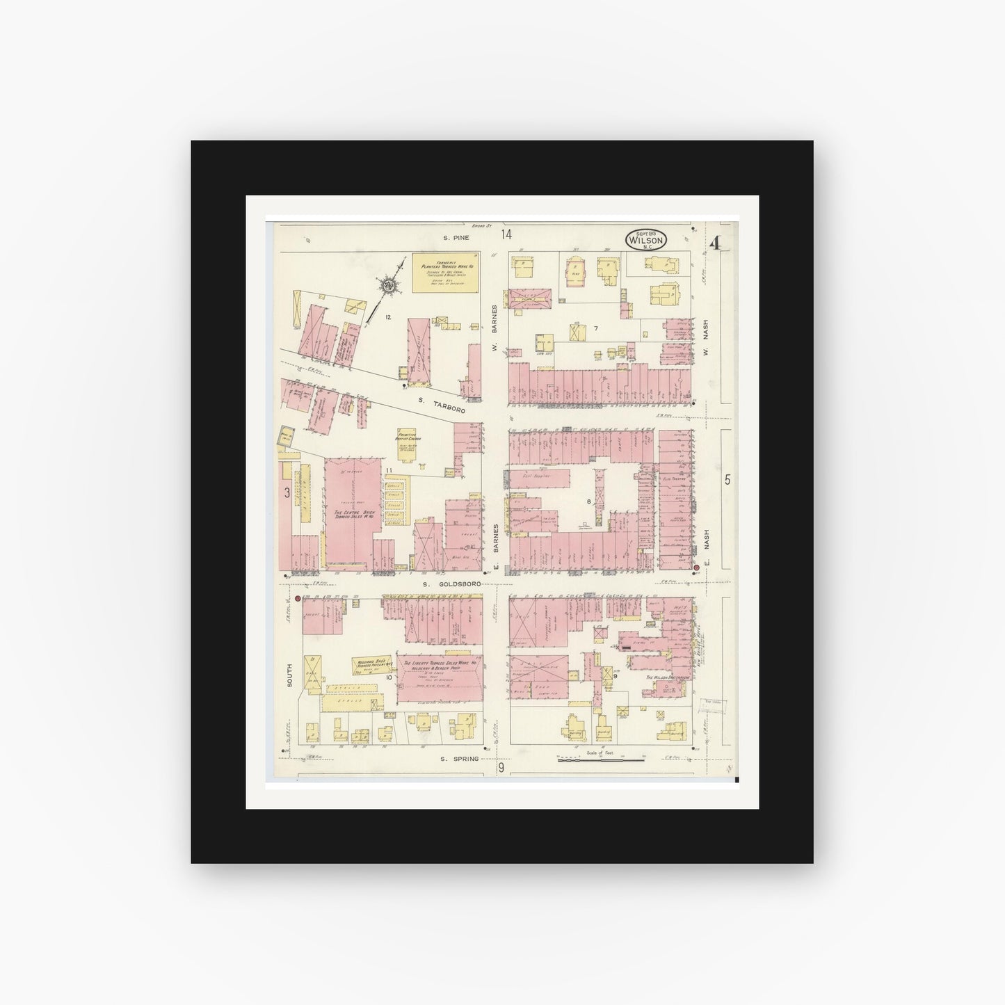 Old map wall art mockup — black gallery frame with white mat — Sanborn Fire Insurance Map from Wilson, Wilson County, North Carolina (1913), Sheet #0004