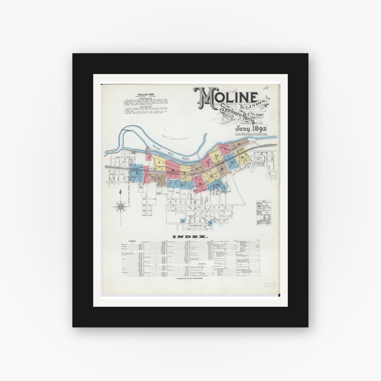 Old map wall art mockup — black gallery frame with white mat — Sanborn Fire Insurance Map from Moline, Rock Island County, Illinois (1892) - Complete Map Set