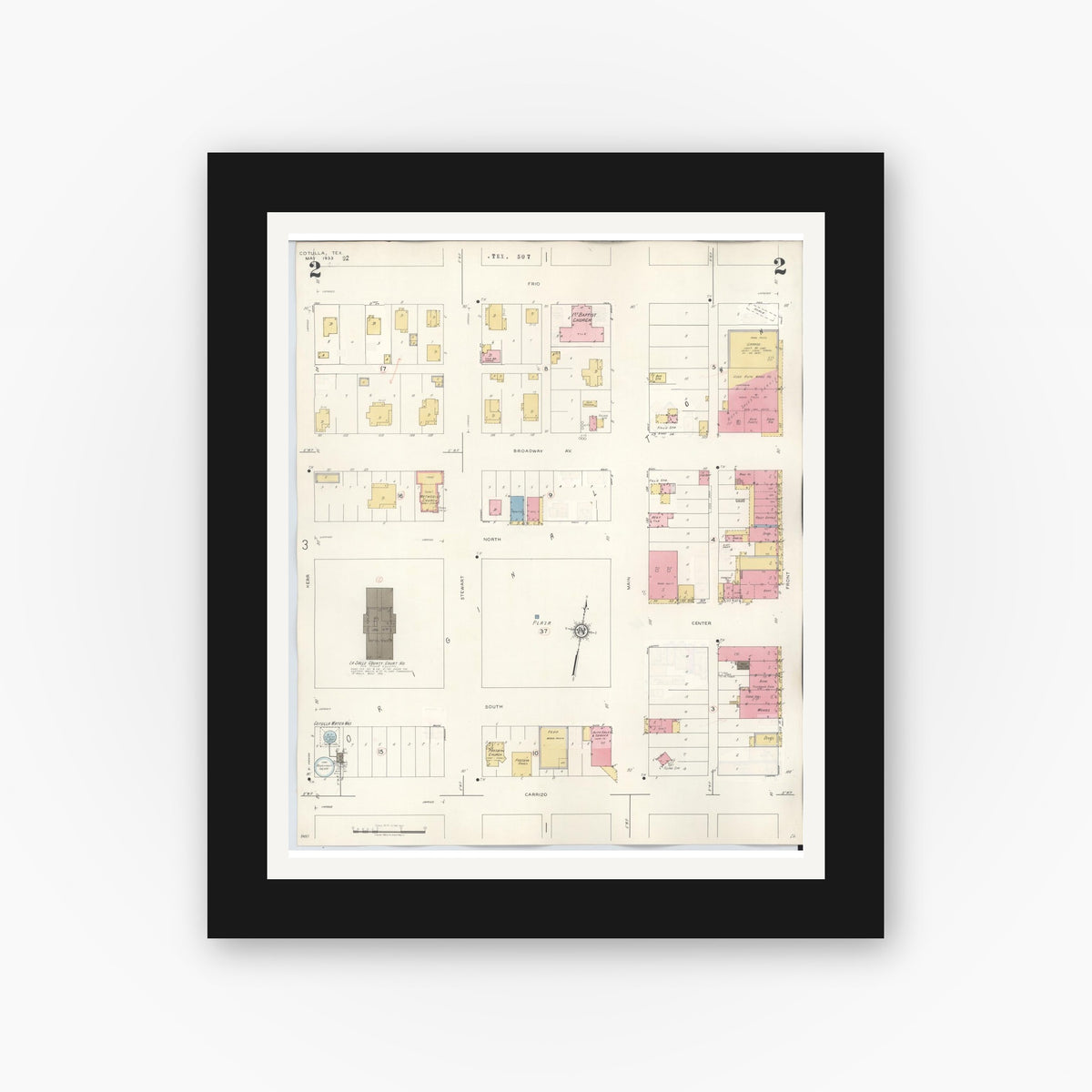 Old map wall art mockup — black gallery frame with white mat — Sanborn Fire Insurance Map from Cotulla, La Salle County, Texas (1948), Sheet #0002