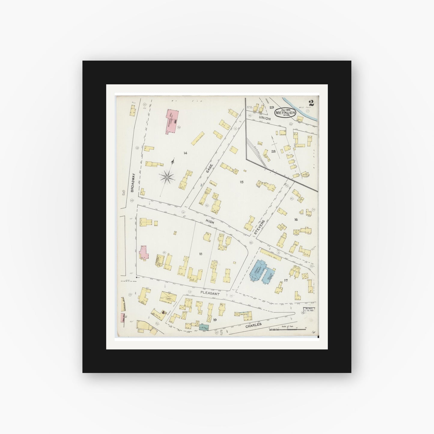 Old map wall art mockup — black gallery frame with white mat — Sanborn Fire Insurance Map from Methuen, Essex County, Massachusetts (1892), Sheet #0002