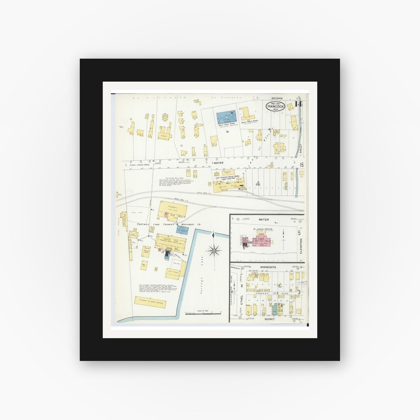 Old map wall art mockup — black gallery frame with white mat — Sanborn Fire Insurance Map from Hancock, Houghton County, Michigan (1907), Sheet #0014