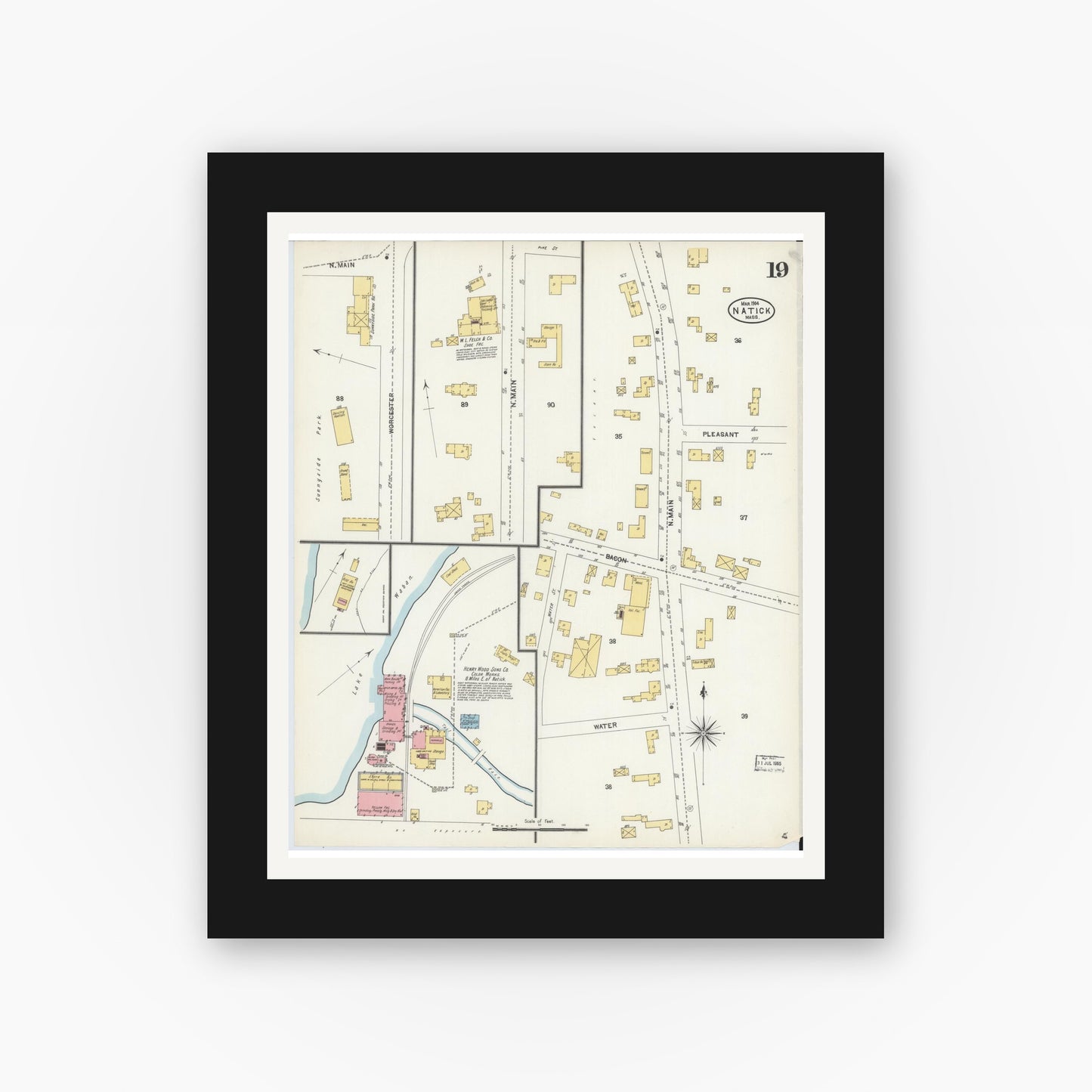 Old map wall art mockup — black gallery frame with white mat — Sanborn Fire Insurance Map from Natick, Middlesex County, Massachusetts (1904), Sheet #0019