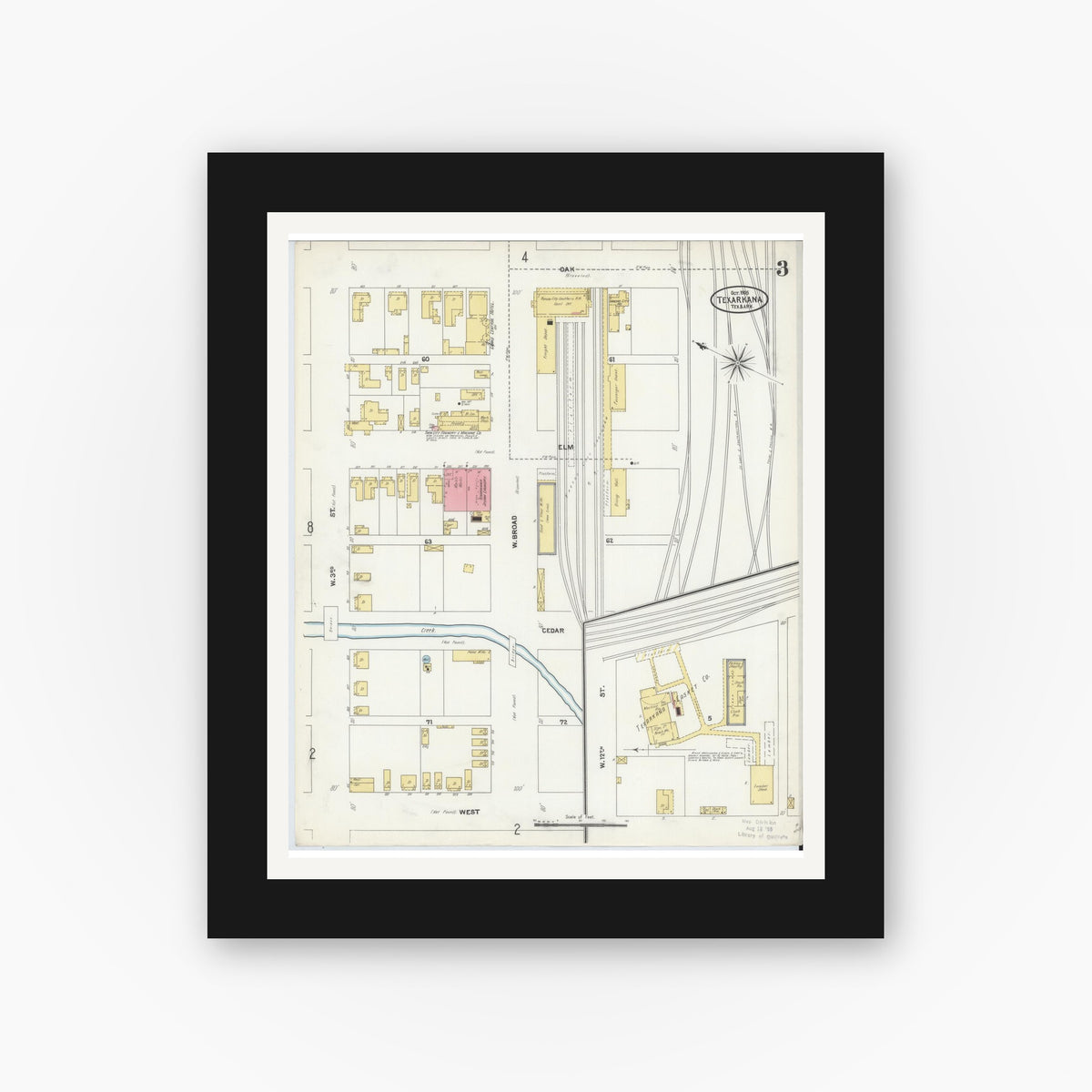 Old map wall art mockup — black gallery frame with white mat — Sanborn Fire Insurance Map from Texarkana, Bowie County, Texas (1905), Sheet #0003