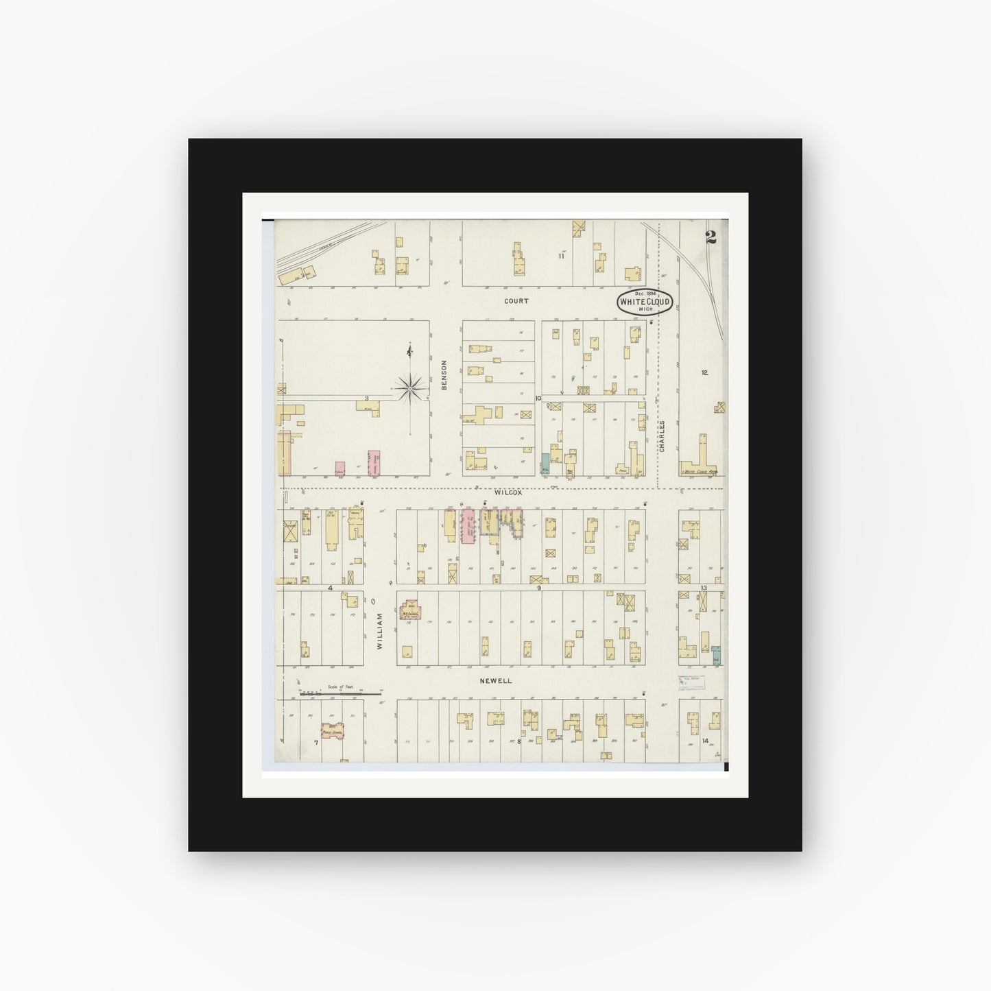 Old map wall art mockup — black gallery frame with white mat — Sanborn Fire Insurance Map from White Cloud, Newaygo County, Michigan (1894), Sheet #0002
