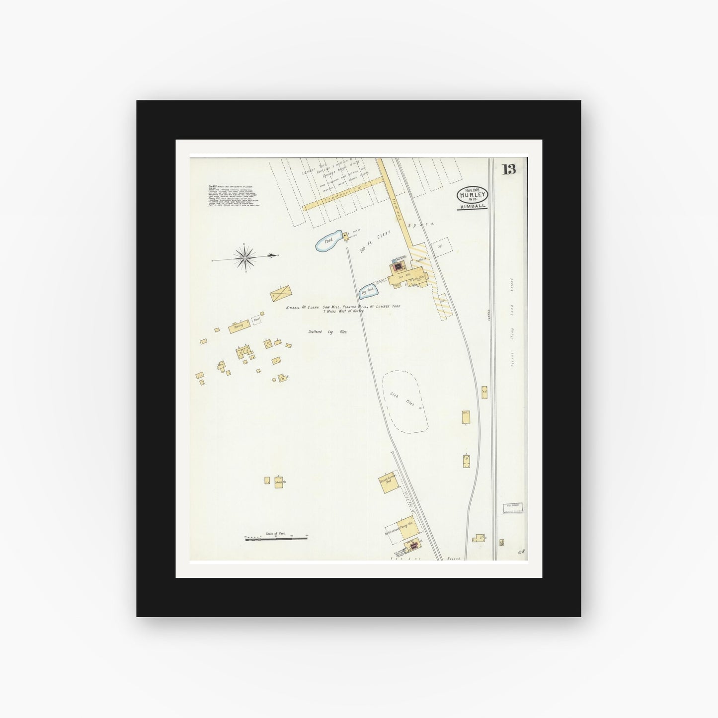 Old map wall art mockup — black gallery frame with white mat — Sanborn Fire Insurance Map from Hurley, Iron County, Wisconsin (1905), Sheet #0013