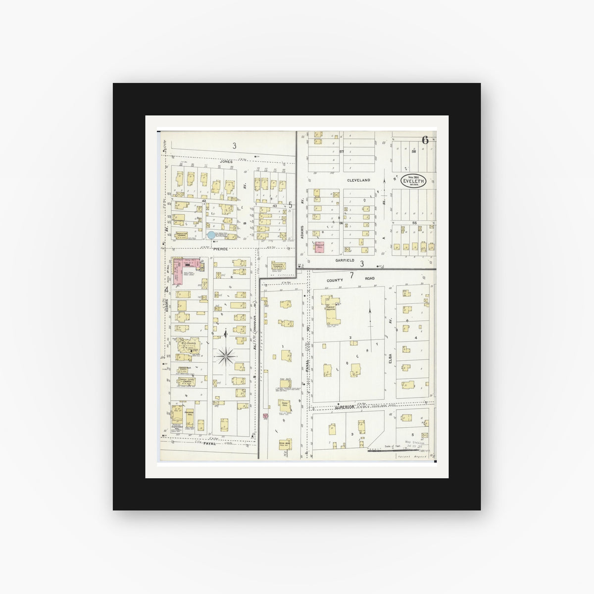 Old map wall art mockup — black gallery frame with white mat — Sanborn Fire Insurance Map from Eveleth, Saint Louis County, Minnesota (1906), Sheet #0006
