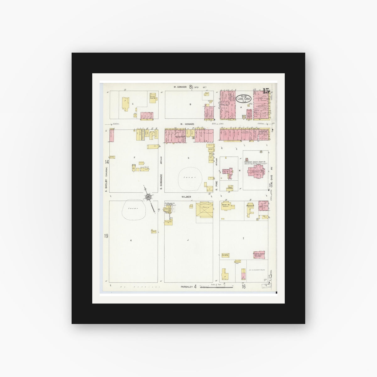 Old map wall art mockup — black gallery frame with white mat — Sanborn Fire Insurance Map from Live Oak, Suwanee County, Florida (1912), Sheet #0015