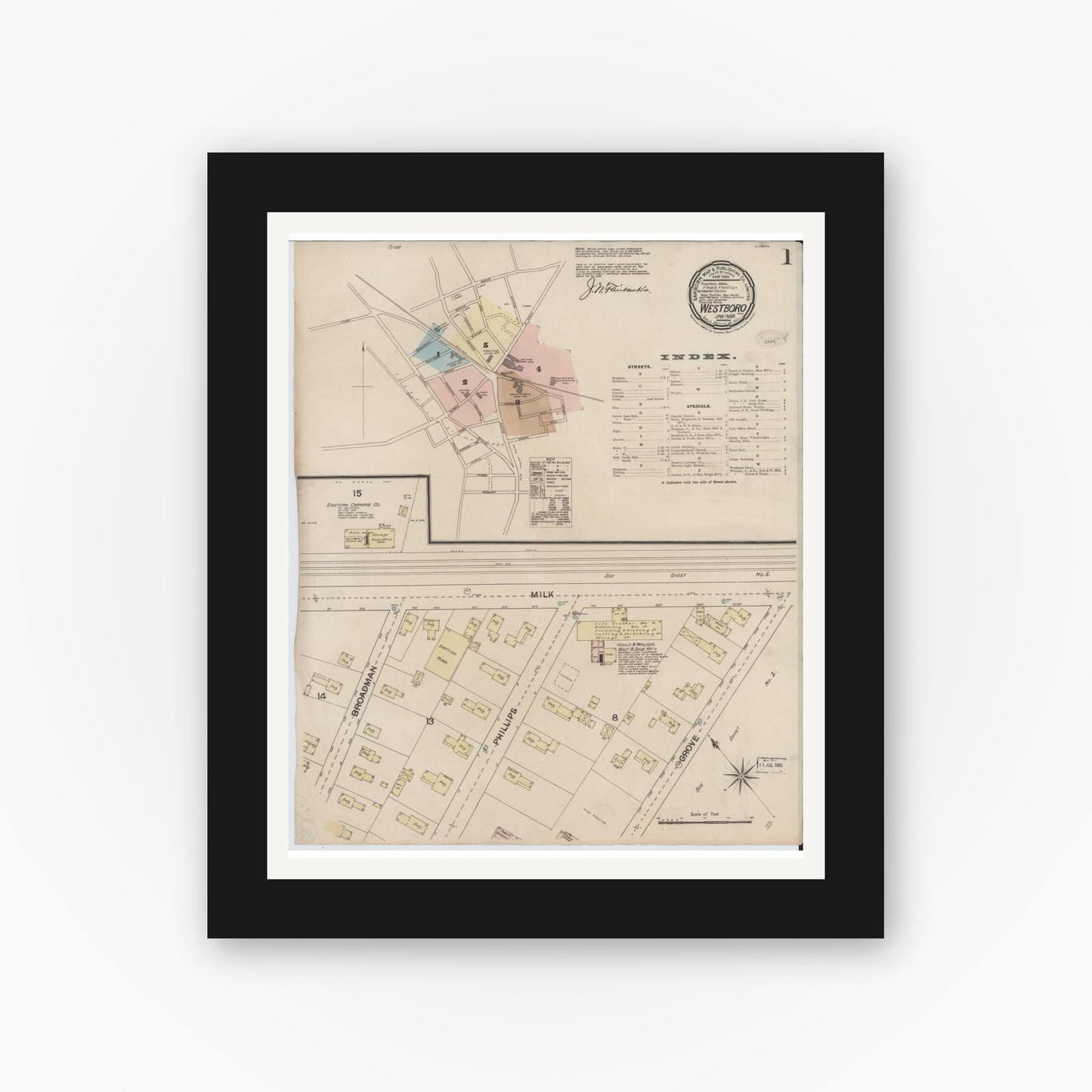 Old map wall art mockup — black gallery frame with white mat — Sanborn Fire Insurance Map from Westboro, Worcester County, Massachusetts (1888) - Complete Map Set