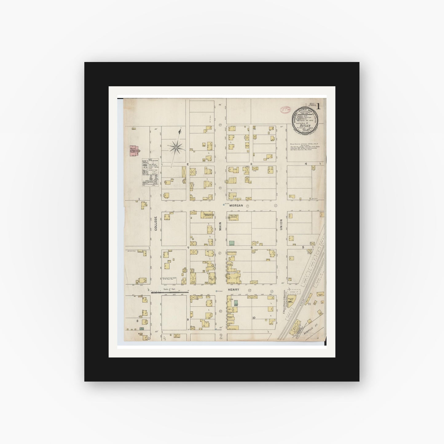 Old map wall art mockup — black gallery frame with white mat — Sanborn Fire Insurance Map from Butler, Richland County, Ohio (1885), Sheet #0001