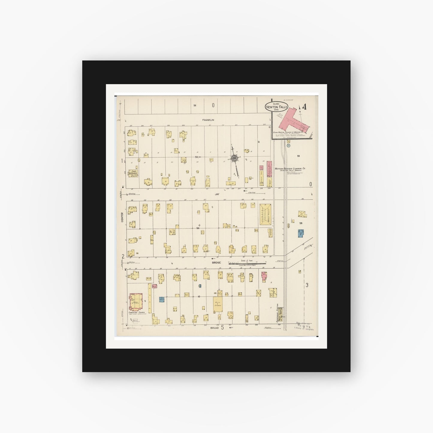 Old map wall art mockup — black gallery frame with white mat — Sanborn Fire Insurance Map from Newton Falls, Trumbull County, Ohio (1922), Sheet #0004