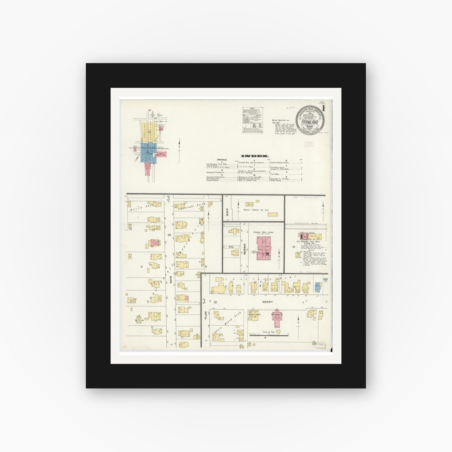 Old map wall art mockup — black gallery frame with white mat — Sanborn Fire Insurance Map from Farmland, Randolph County, Indiana (1911) - Complete Map Set