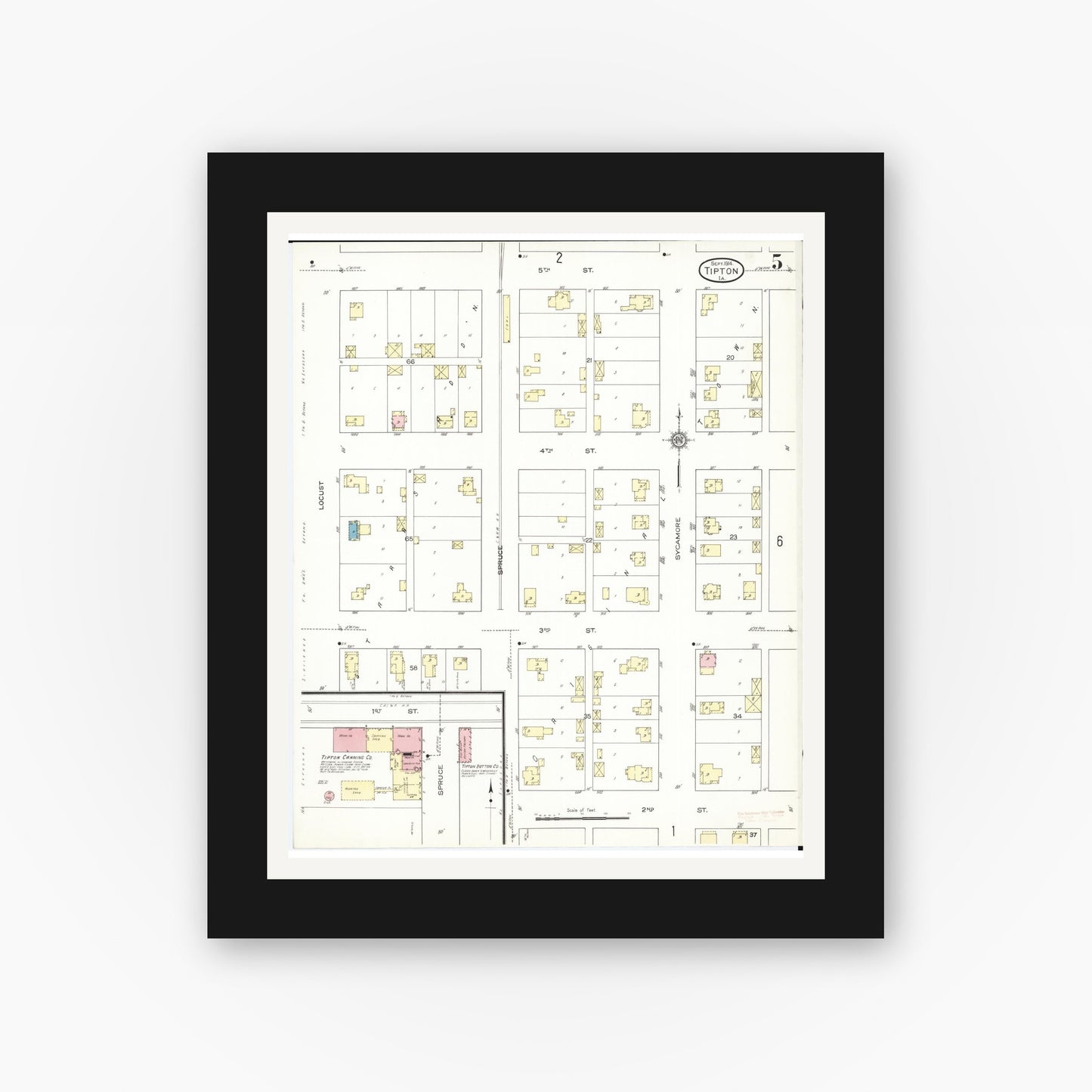 Old map wall art mockup — black gallery frame with white mat — Sanborn Fire Insurance Map from Tipton, Cedar County, Iowa (1914), Sheet #0005