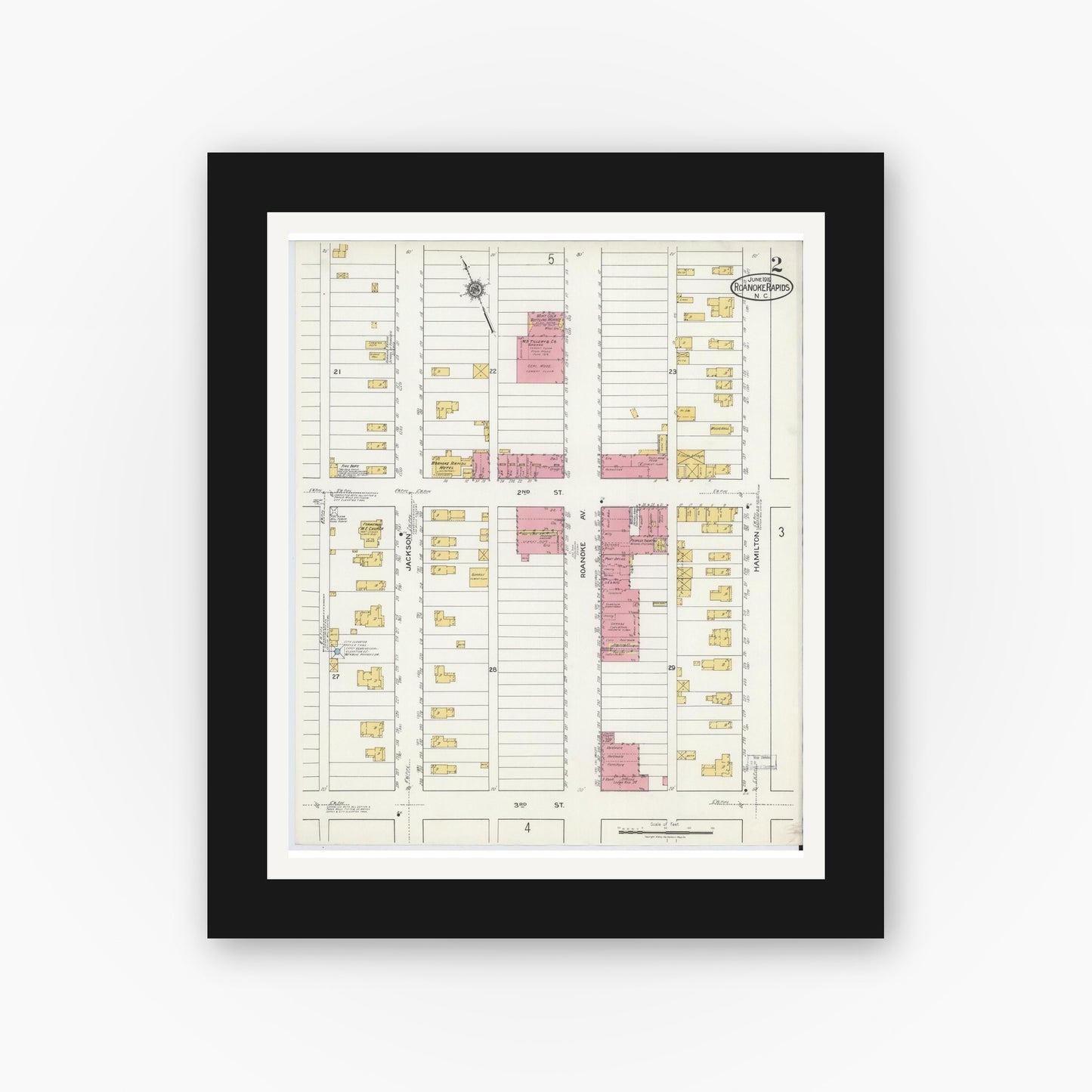 Old map wall art mockup — black gallery frame with white mat — Sanborn Fire Insurance Map from Roanoke Rapids, Halifax County, North Carolina (1919), Sheet #0002