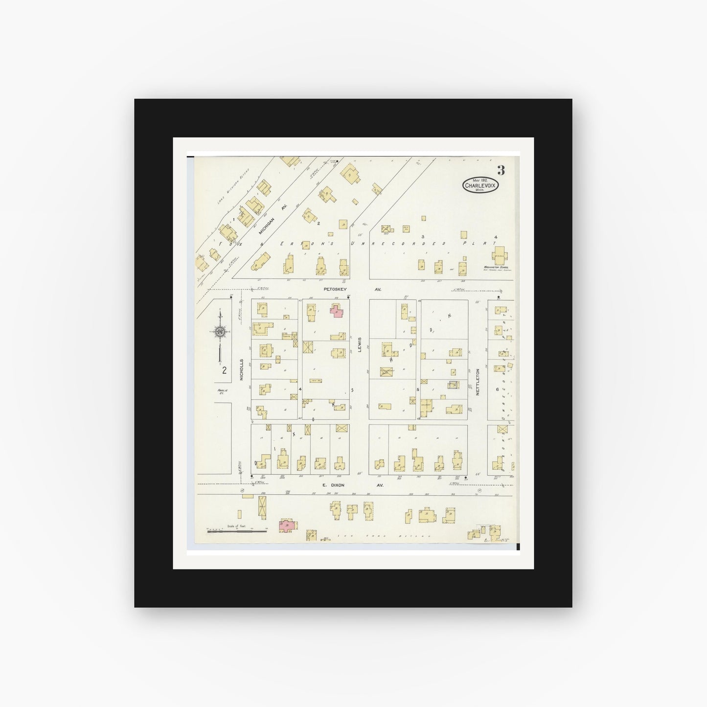 Old map wall art mockup — black gallery frame with white mat — Sanborn Fire Insurance Map from Charlevoix, Charlevoix County, Michigan (1912), Sheet #0003