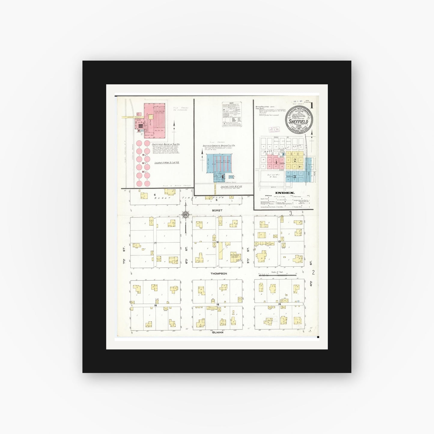 Old map wall art mockup — black gallery frame with white mat — Sanborn Fire Insurance Map from Sheffield, Franklin County, Iowa (1911), Sheet #0001