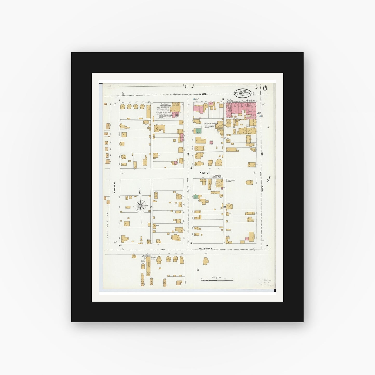 Old map wall art mockup — black gallery frame with white mat — Sanborn Fire Insurance Map from Coshocton, Coshocton County, Ohio (1899), Sheet #0006