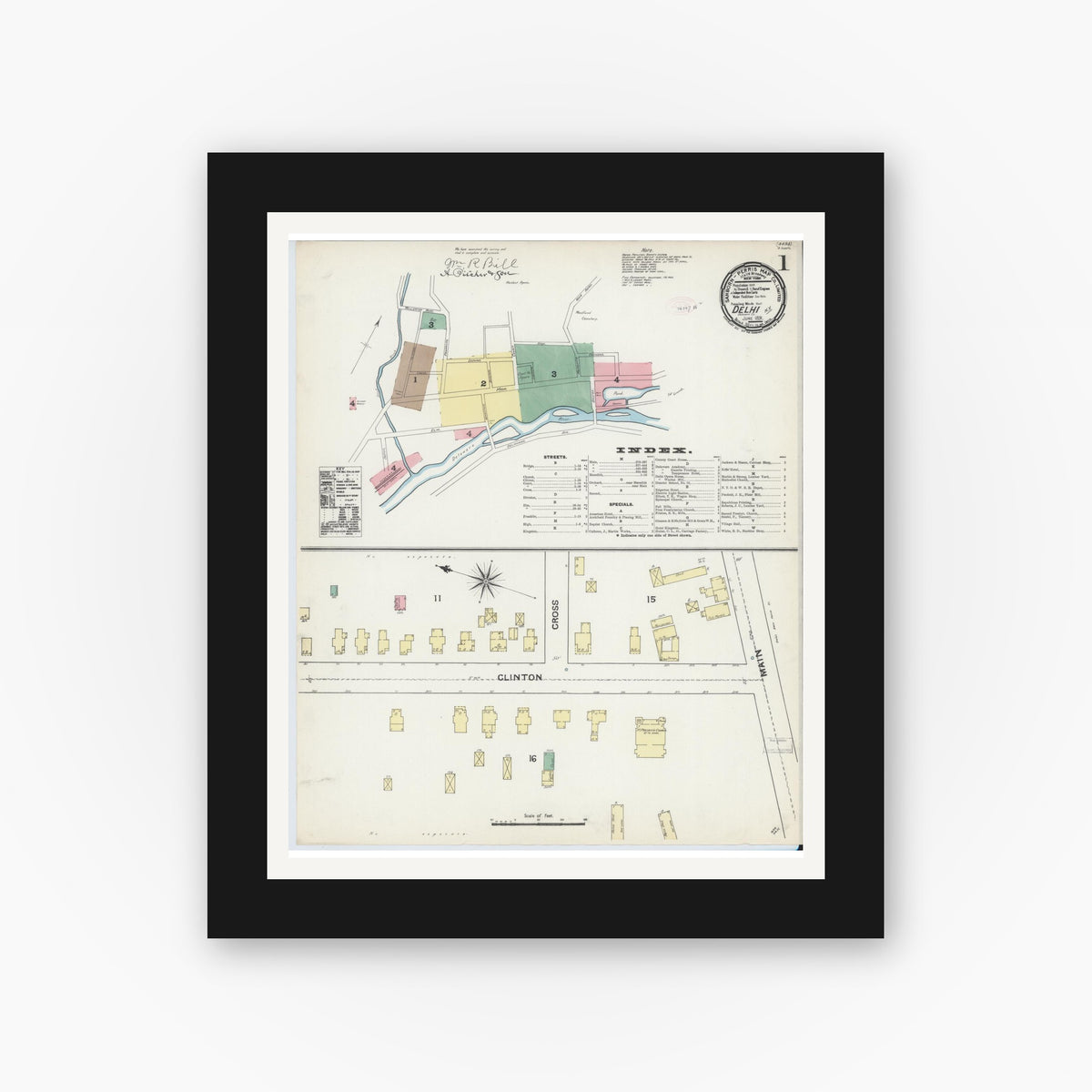 Old map wall art mockup — black gallery frame with white mat — Sanborn Fire Insurance Map from Delhi, Delaware County, New York (1891) - Complete Map Set