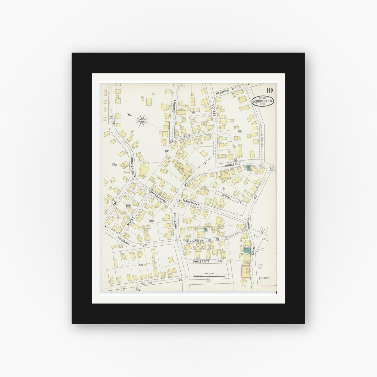 Old map wall art mockup — black gallery frame with white mat — Sanborn Fire Insurance Map from Gloucester, Essex County, Massachusetts (1892), Sheet #0019
