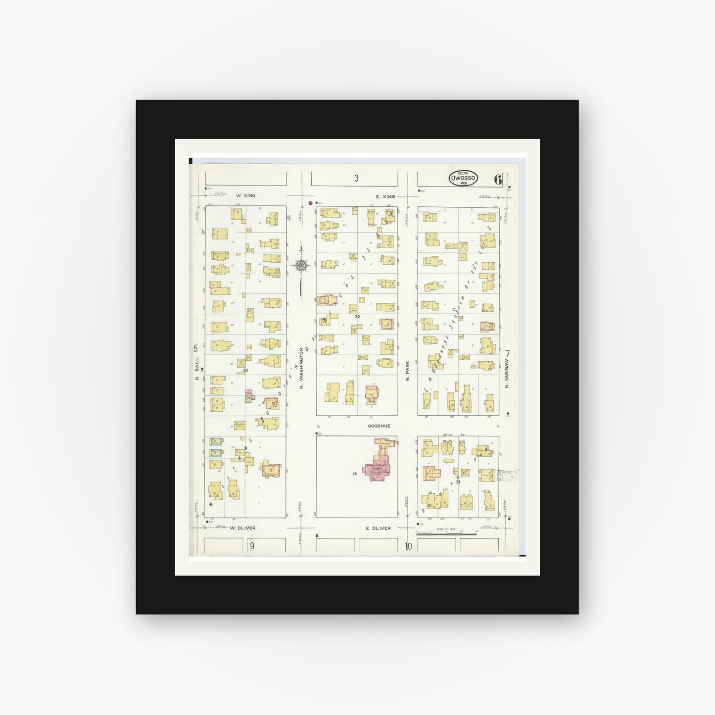 Old map wall art mockup — black gallery frame with white mat — Sanborn Fire Insurance Map from Owosso, Shiawassee County, Michigan (1915), Sheet #0006
