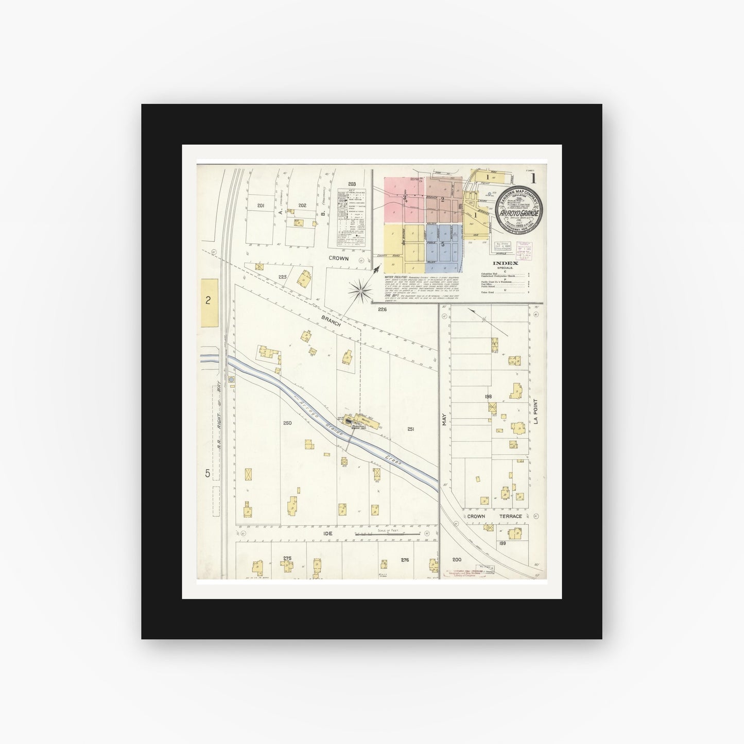 Old map wall art mockup — black gallery frame with white mat — Sanborn Fire Insurance Map from Arroyo Grande, San Luis Obispo County, California (1903), Sheet #0001