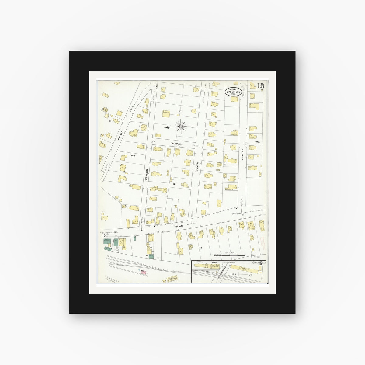 Old map wall art mockup — black gallery frame with white mat — Sanborn Fire Insurance Map from Wakefield, Middlesex County, Massachusetts (1909), Sheet #0015