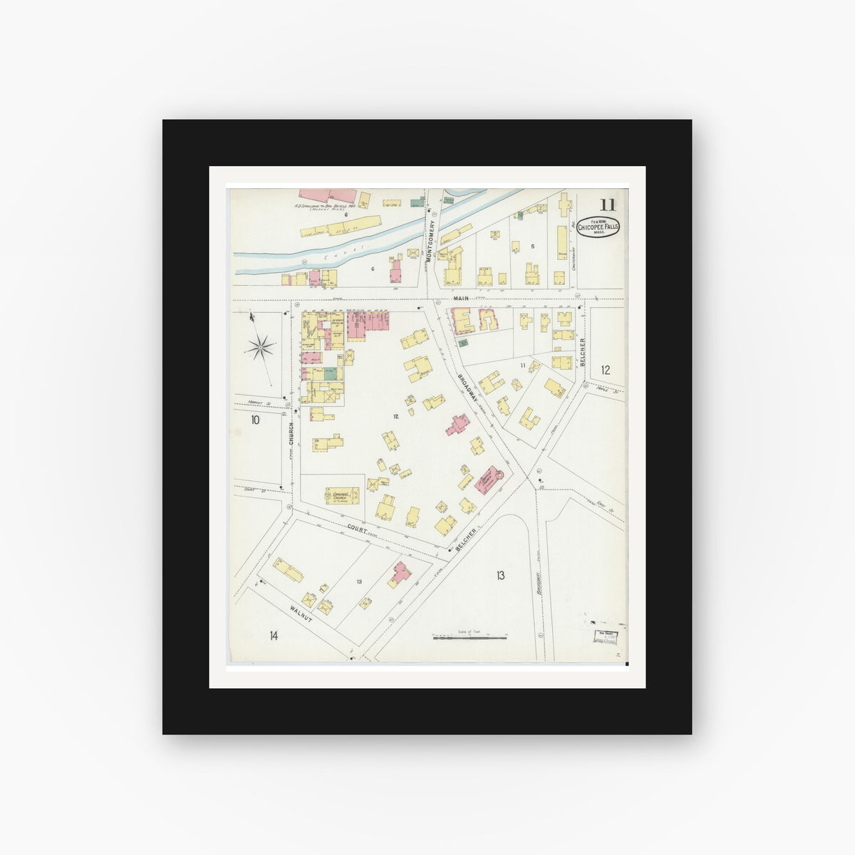 Old map wall art mockup — black gallery frame with white mat — Sanborn Fire Insurance Map from Chicopee, Hampden County, Massachusetts (1896), Sheet #0011