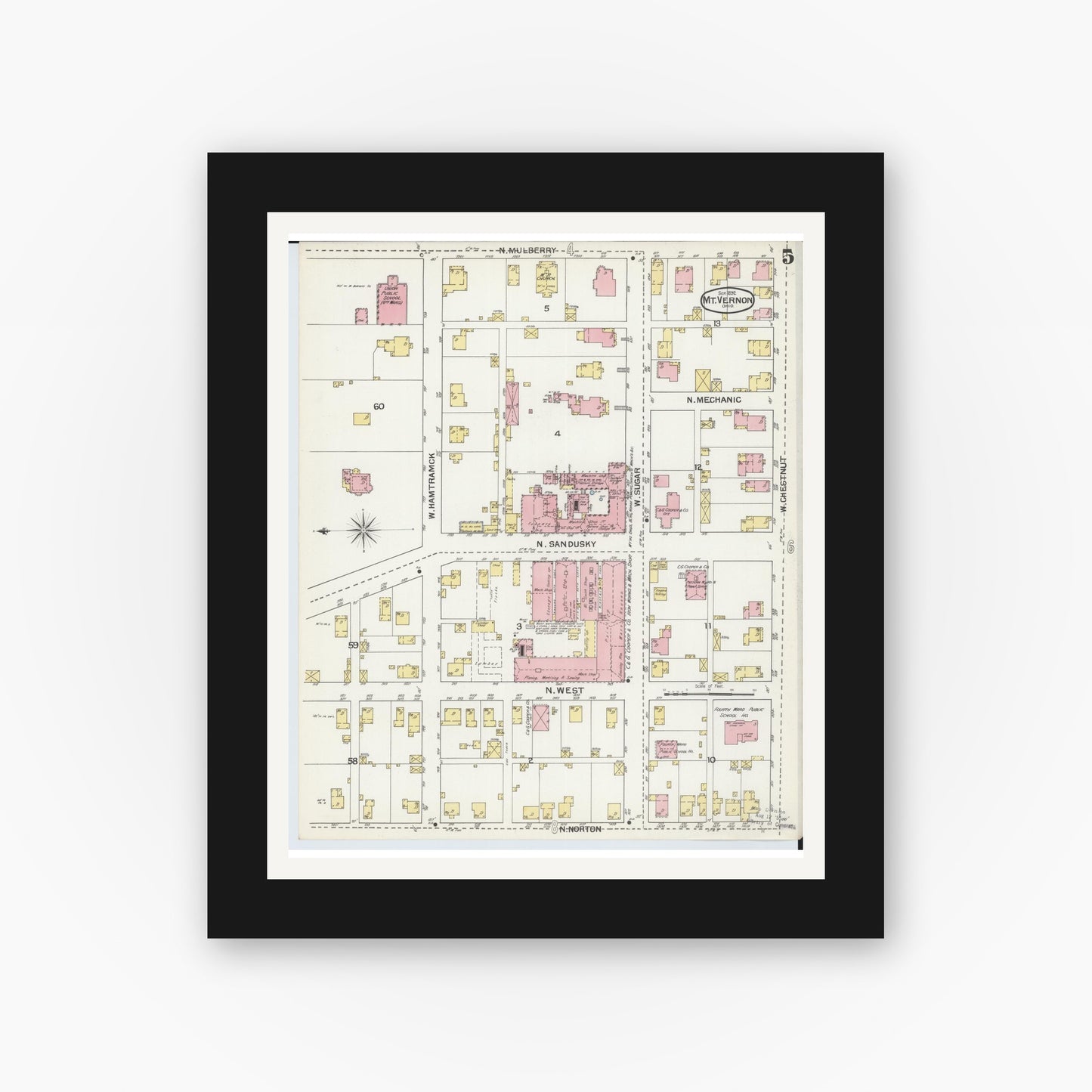 Old map wall art mockup — black gallery frame with white mat — Sanborn Fire Insurance Map from Mount Vernon, Knox County, Ohio (1892), Sheet #0005