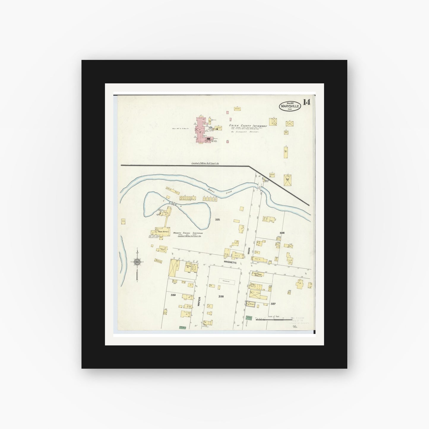 Old map wall art mockup — black gallery frame with white mat — Sanborn Fire Insurance Map from Marysville, Union County, Ohio (1910), Sheet #0014