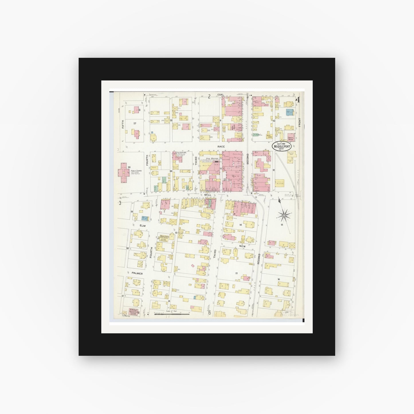 Old map wall art mockup — black gallery frame with white mat — Sanborn Fire Insurance Map from Middleport, Meigs County, Ohio (1908), Sheet #0004