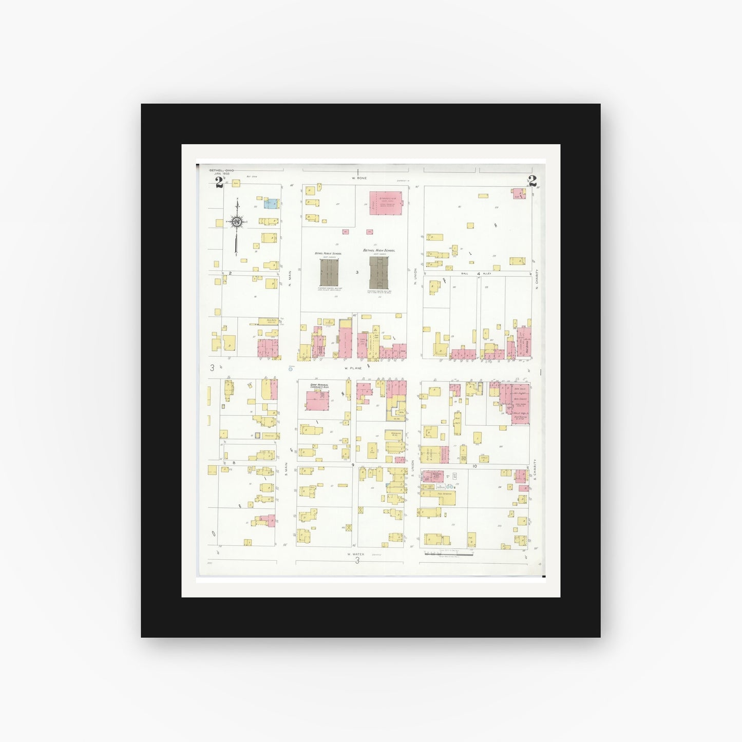 Old map wall art mockup — black gallery frame with white mat — Sanborn Fire Insurance Map from Bethel, Clermont County, Ohio (1933), Sheet #0002