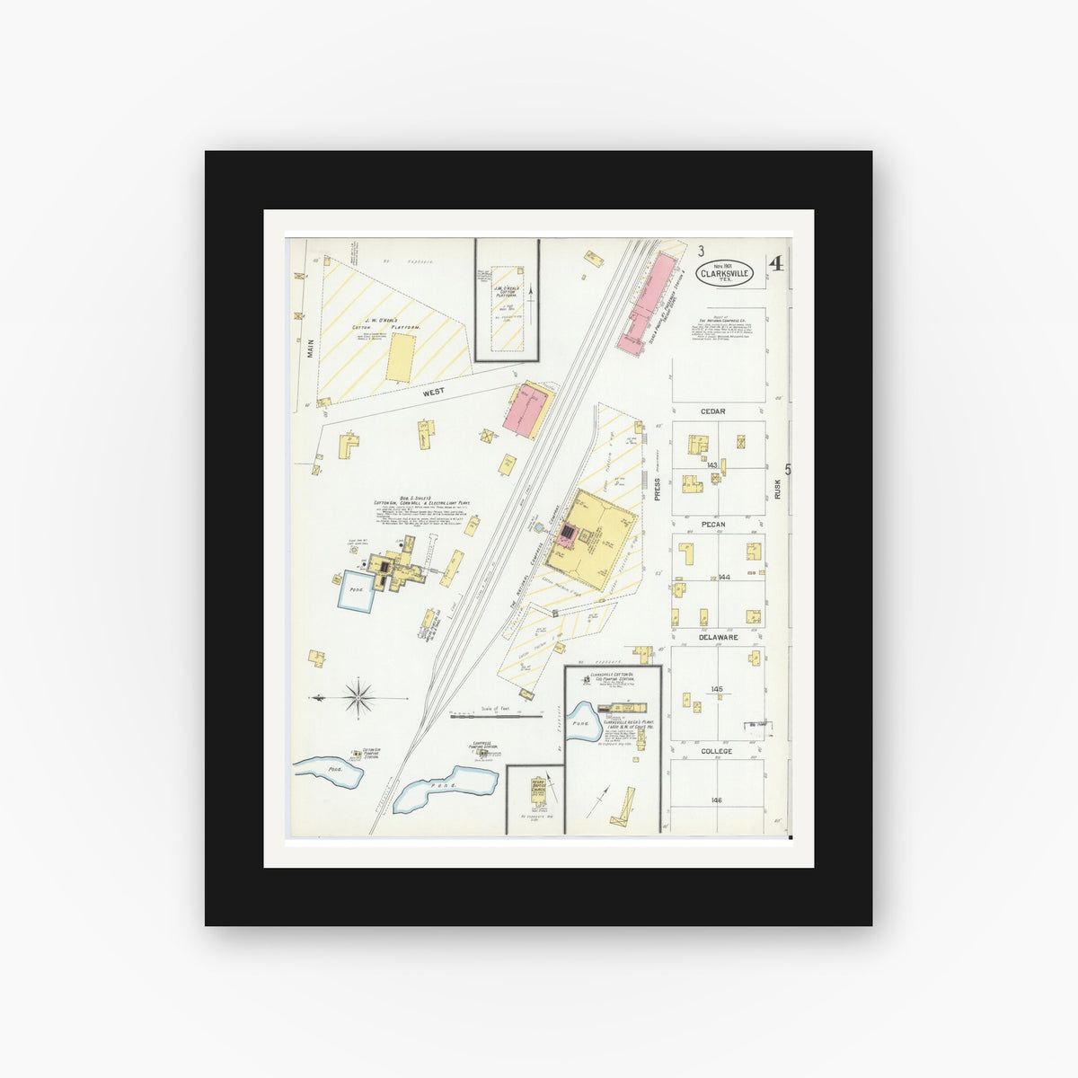 Old map wall art mockup — black gallery frame with white mat — Sanborn Fire Insurance Map from Clarksville, Red River County, Texas (1901), Sheet #0004