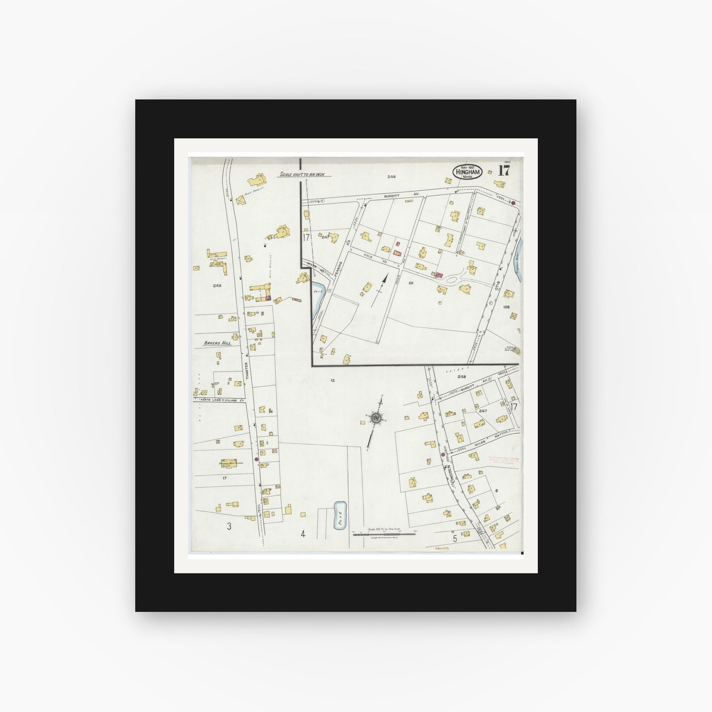 Old map wall art mockup — black gallery frame with white mat — Sanborn Fire Insurance Map from Hingham, Plymouth County, Massachusetts (1921), Sheet #0017