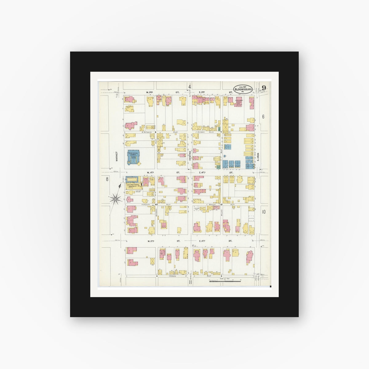 Old map wall art mockup β black gallery frame with white mat β Sanborn Fire Insurance Map from Bloomsburg, Columbia County, Pennsylvania (1907), Sheet #0009