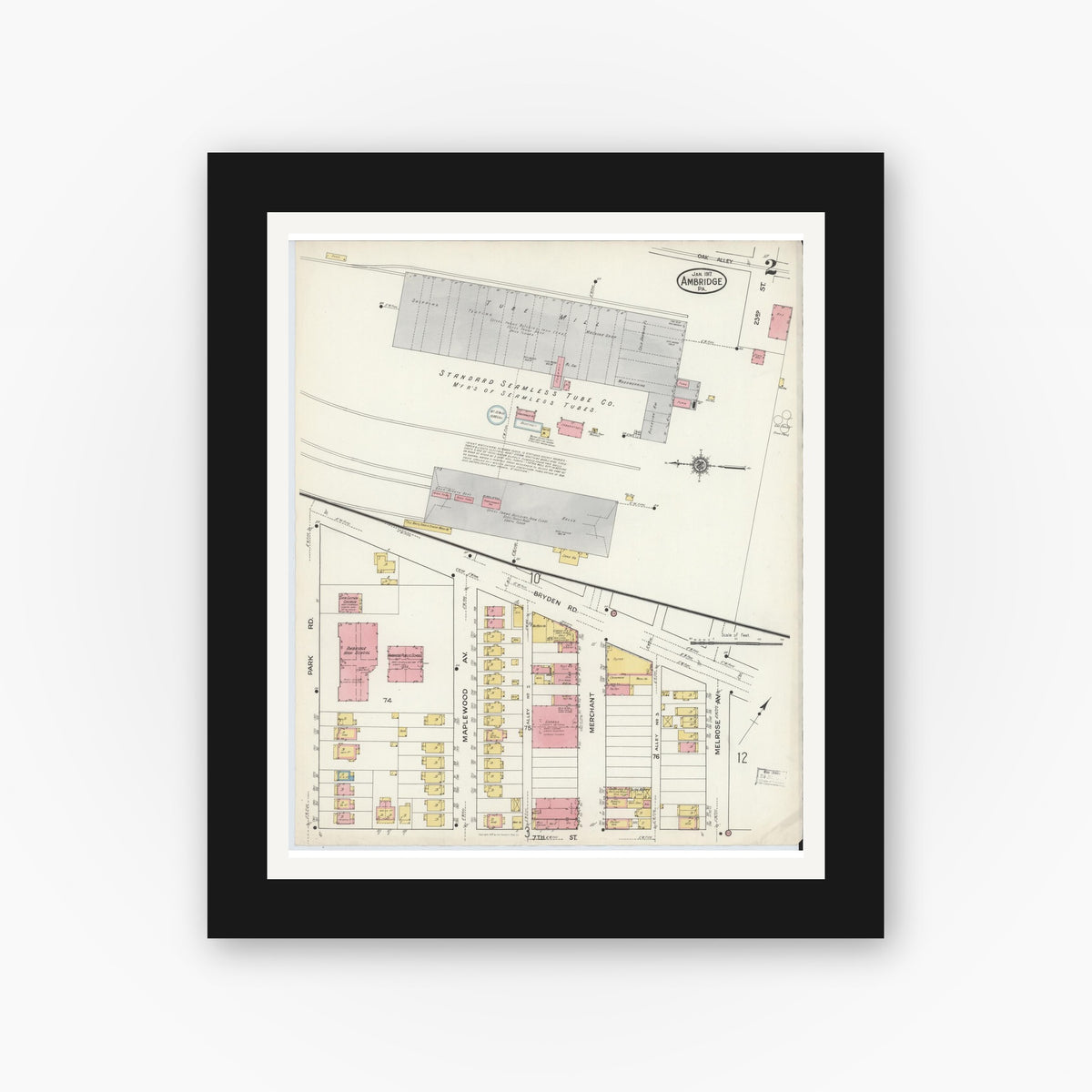 Old map wall art mockup β black gallery frame with white mat β Sanborn Fire Insurance Map from Ambridge, Beaver County, Pennsylvania (1917), Sheet #0002