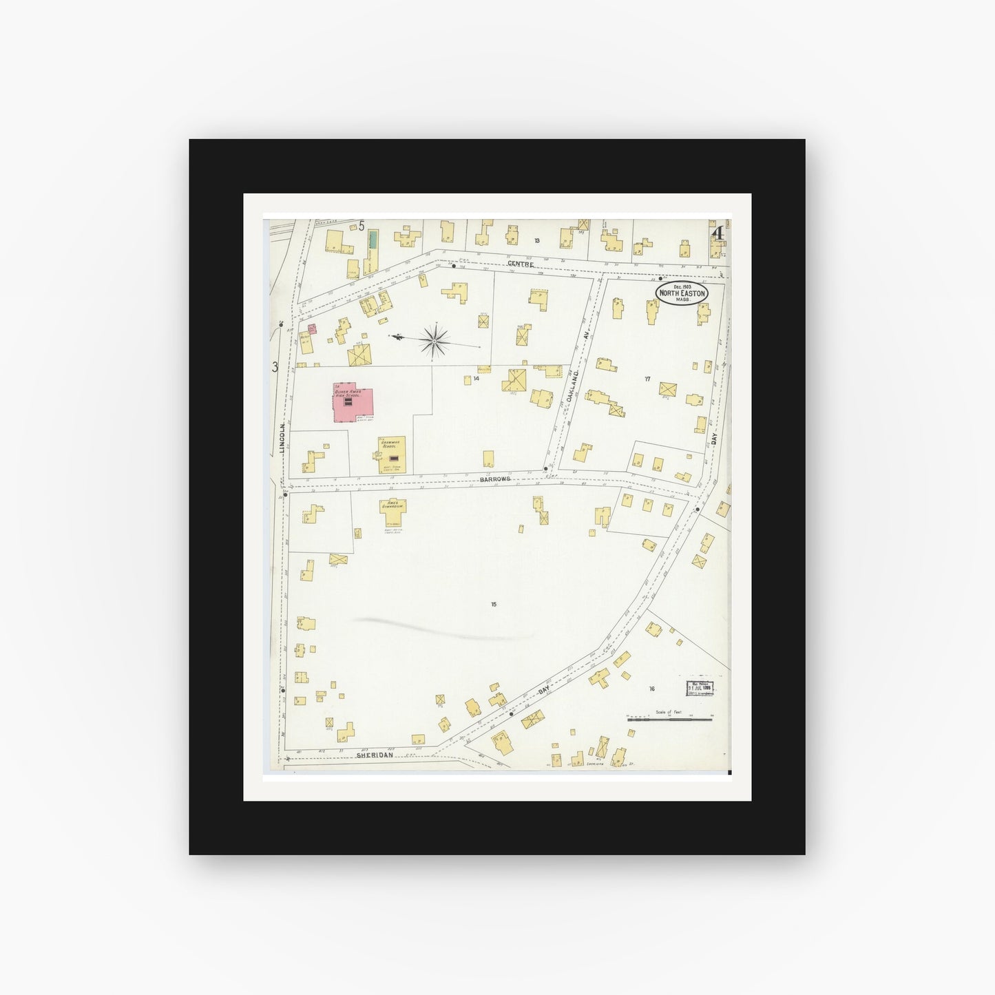 Old map wall art mockup — black gallery frame with white mat — Sanborn Fire Insurance Map from North Easton, Bristol County, Massachusetts (1903), Sheet #0004