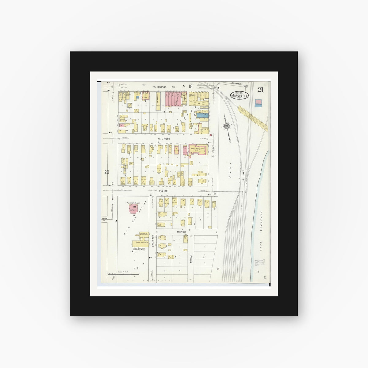 Old map wall art mockup — black gallery frame with white mat — Sanborn Fire Insurance Map from Marquette, Marquette County, Michigan (1911), Sheet #0021
