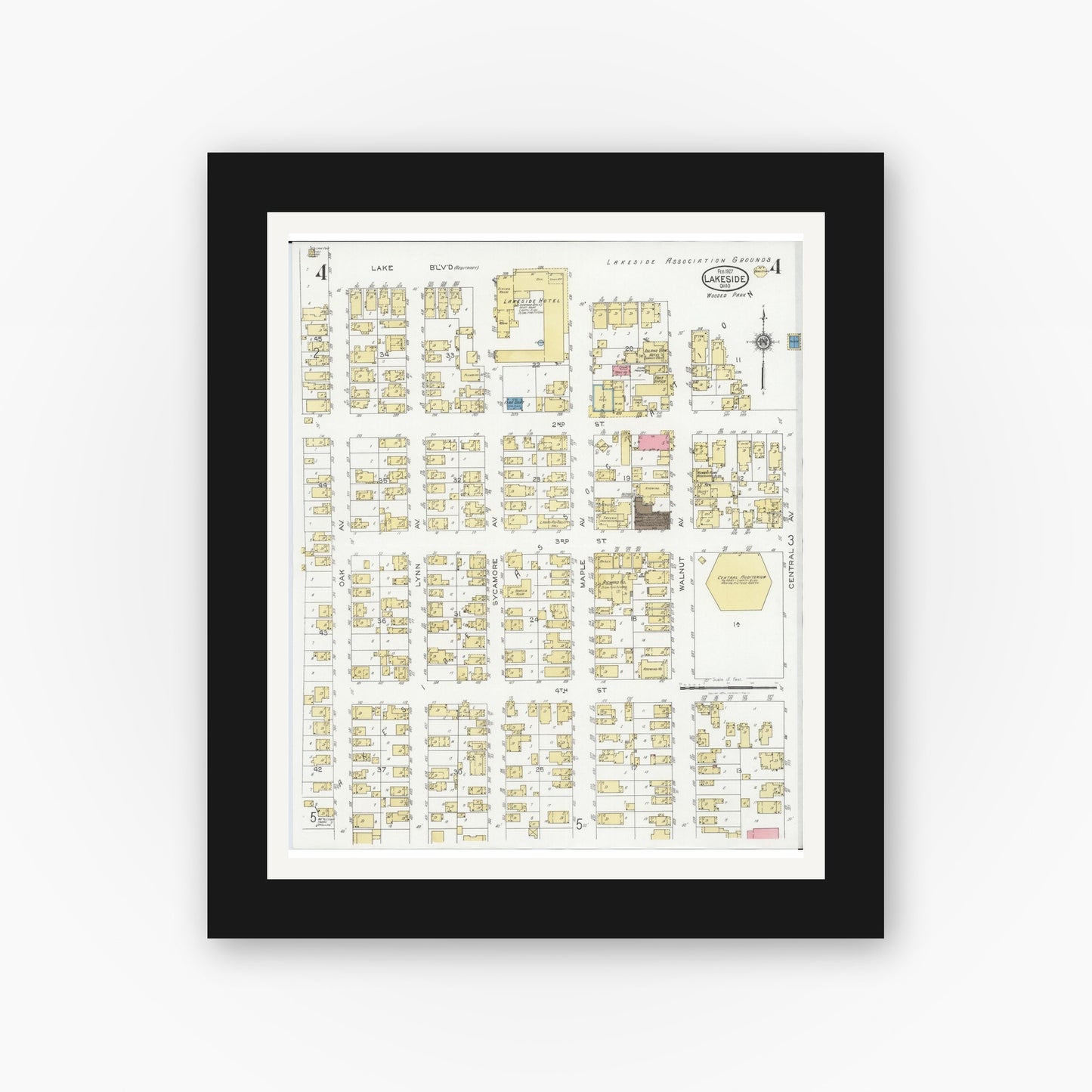 Old map wall art mockup — black gallery frame with white mat — Sanborn Fire Insurance Map from Lakeside, Ottawa County, Ohio (1927), Sheet #0004