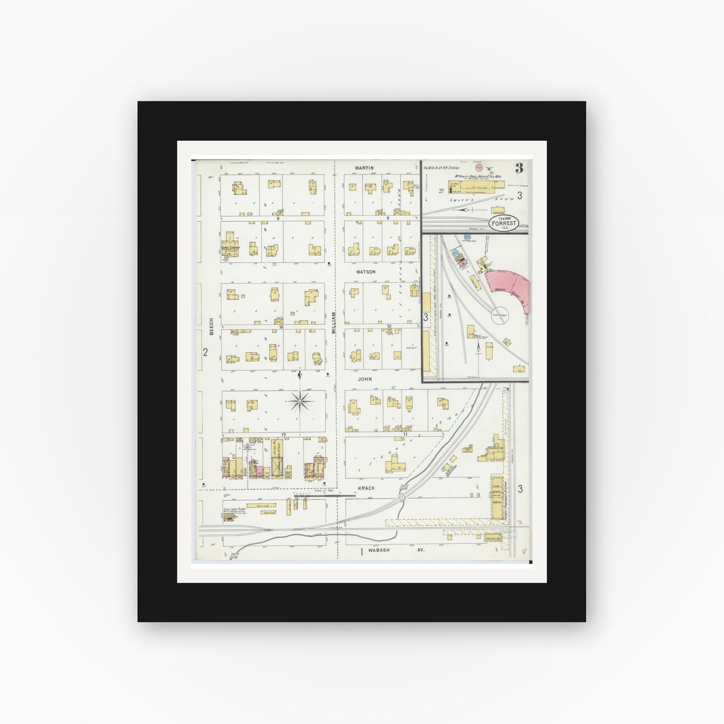 Old map wall art mockup — black gallery frame with white mat — Sanborn Fire Insurance Map from Forrest, Livingston County, Illinois (1899), Sheet #0003