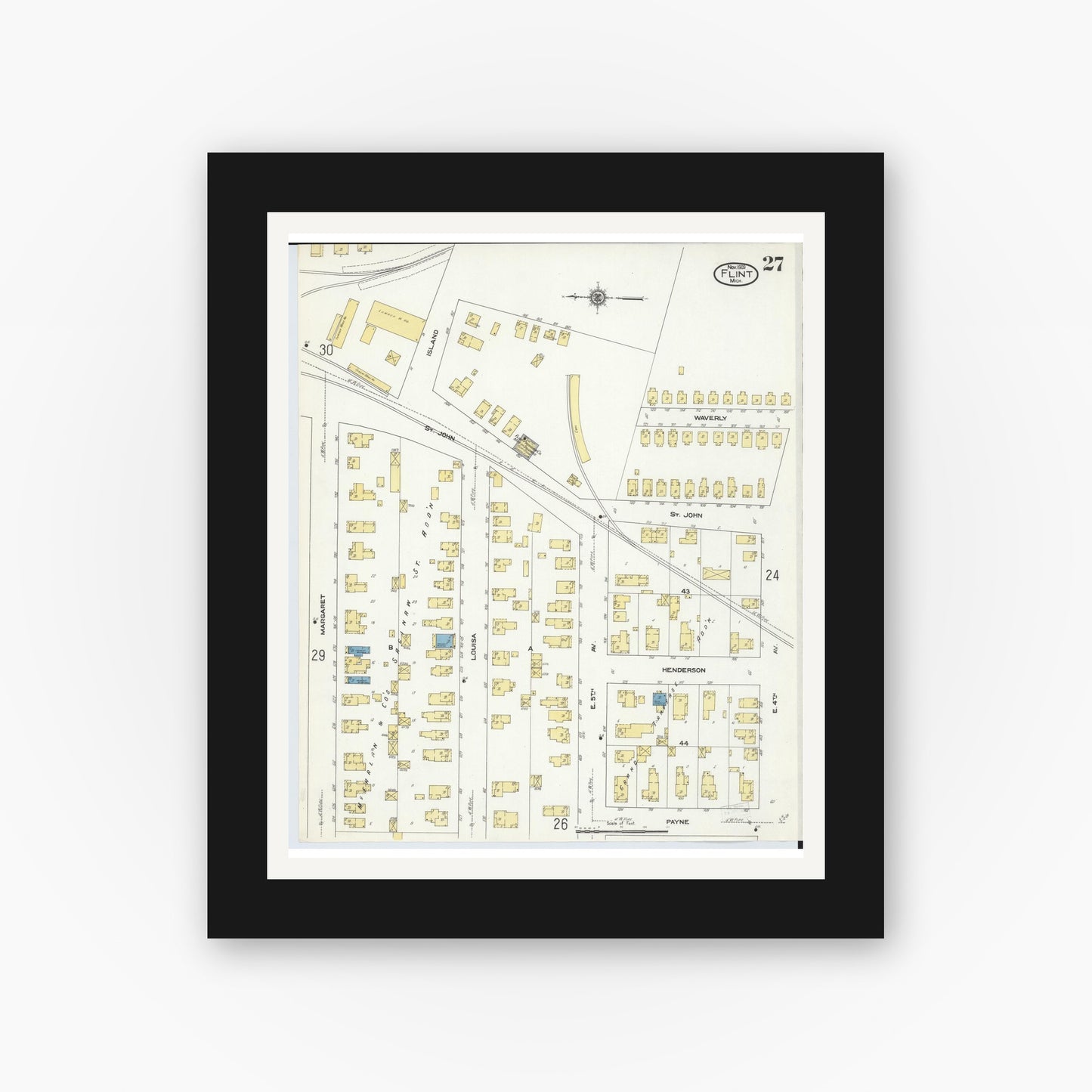 Old map wall art mockup — black gallery frame with white mat — Sanborn Fire Insurance Map from Flint, Genesee County, Michigan (1909), Sheet #0027