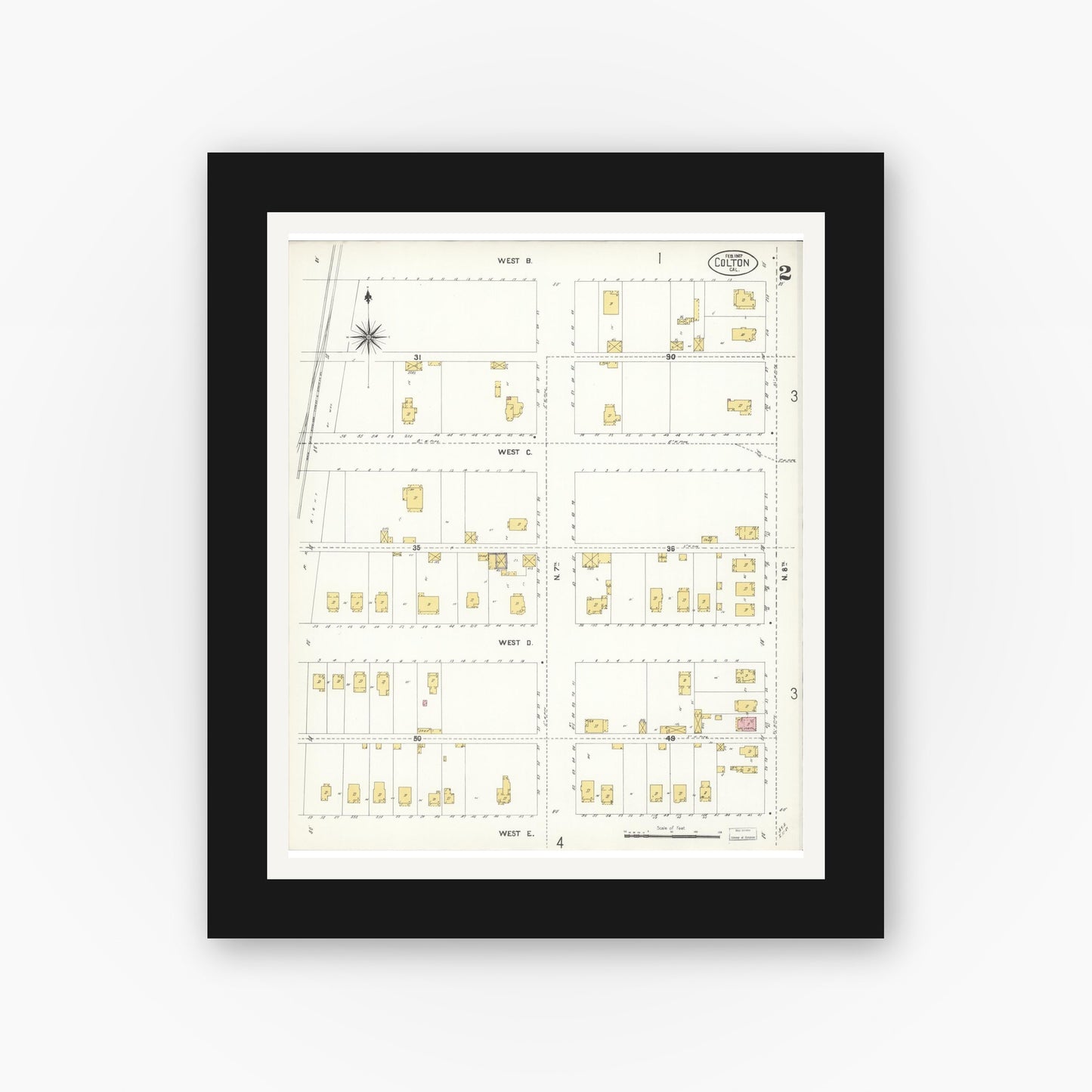 Old map wall art mockup — black gallery frame with white mat — Sanborn Fire Insurance Map from Colton, San Bernardino County, California (1907), Sheet #0002