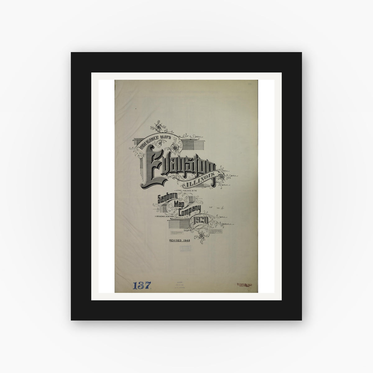 Old map wall art mockup — black gallery frame with white mat — Sanborn Fire Insurance Map from Evanston, Cook County, Illinois (1945), Sheet #0001