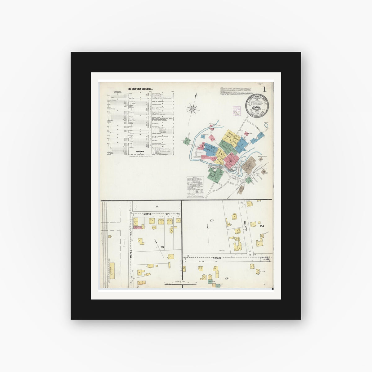 Old map wall art mockup — black gallery frame with white mat — Sanborn Fire Insurance Map from Ware, Hampshire County, Massachusetts (1902), Sheet #0001
