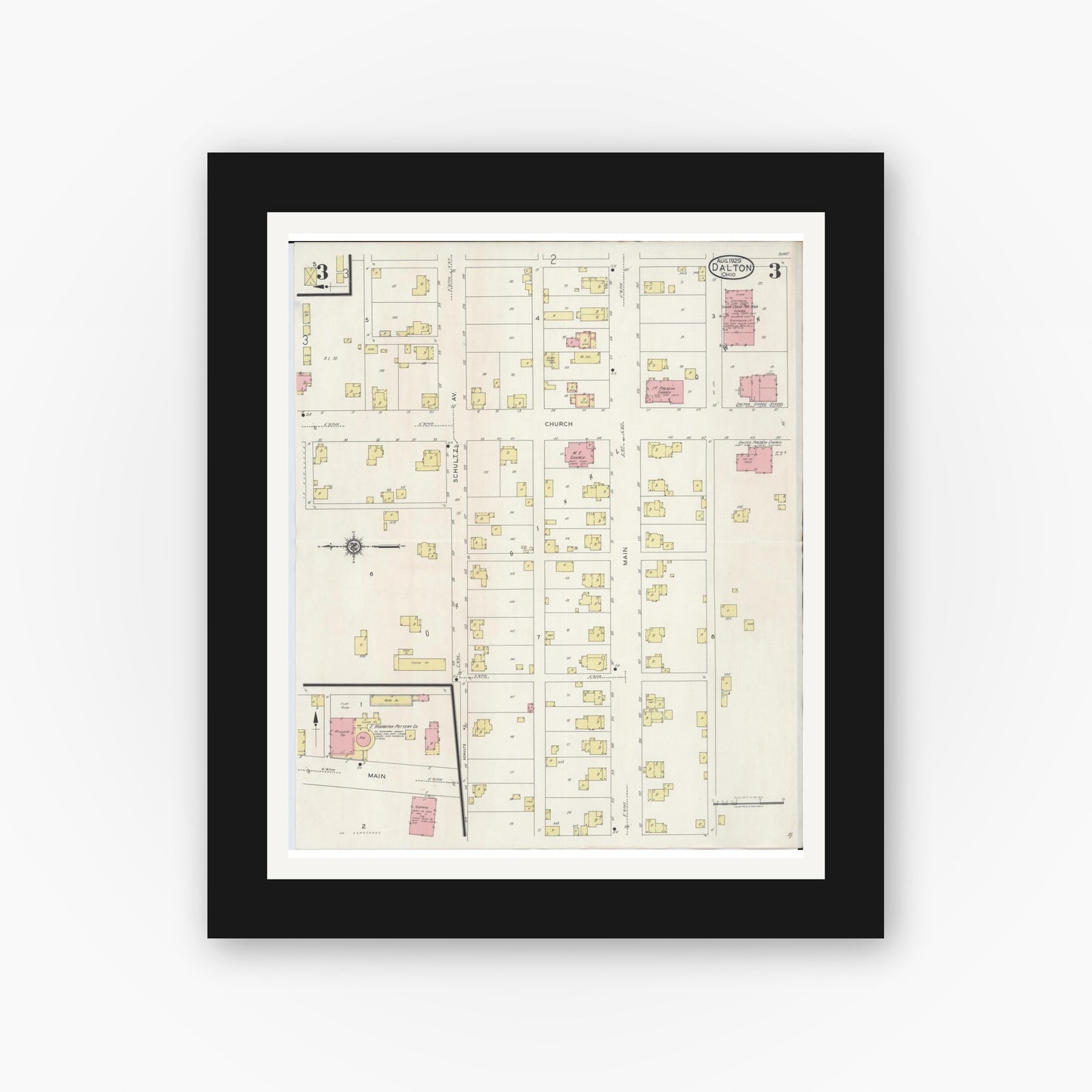 Old map wall art mockup — black gallery frame with white mat — Sanborn Fire Insurance Map from Dalton, Wayne County, Ohio (1929), Sheet #0003