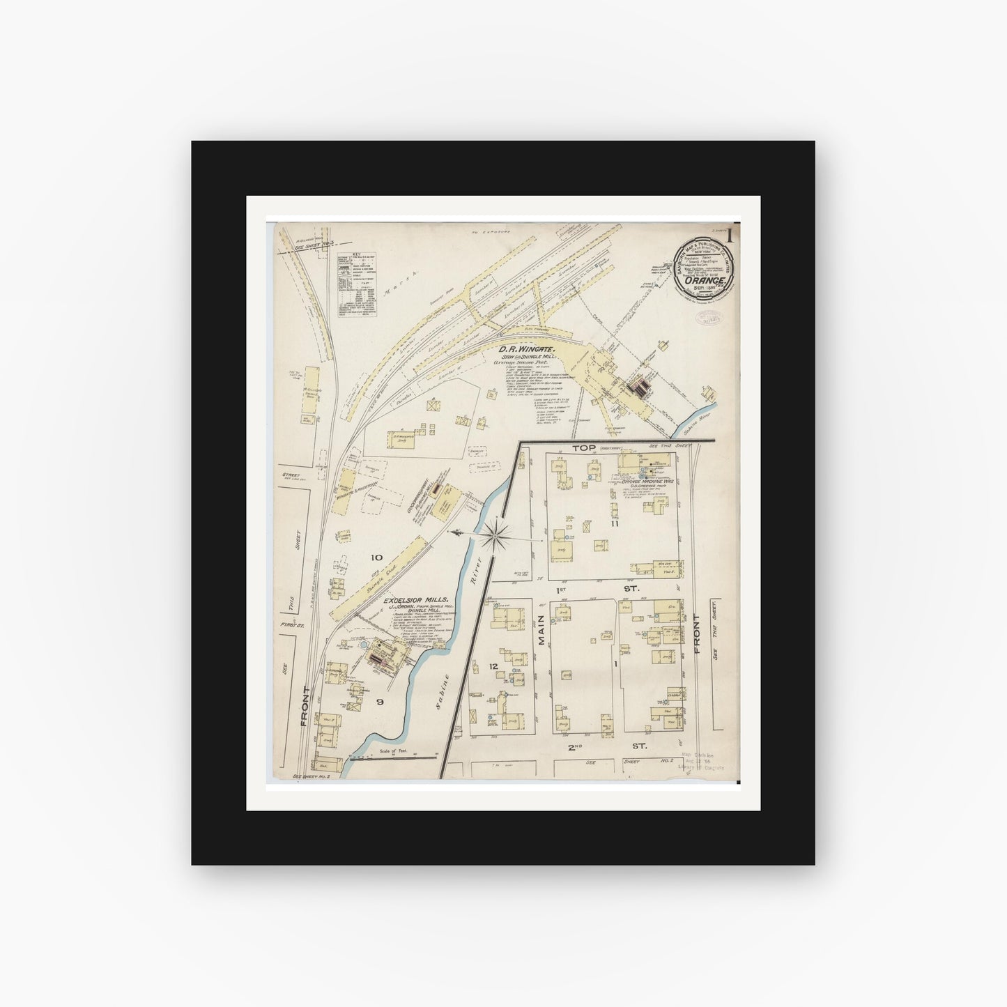 Old map wall art mockup — black gallery frame with white mat — Sanborn Fire Insurance Map from Orange, Orange County, Texas (1885), Sheet #0001