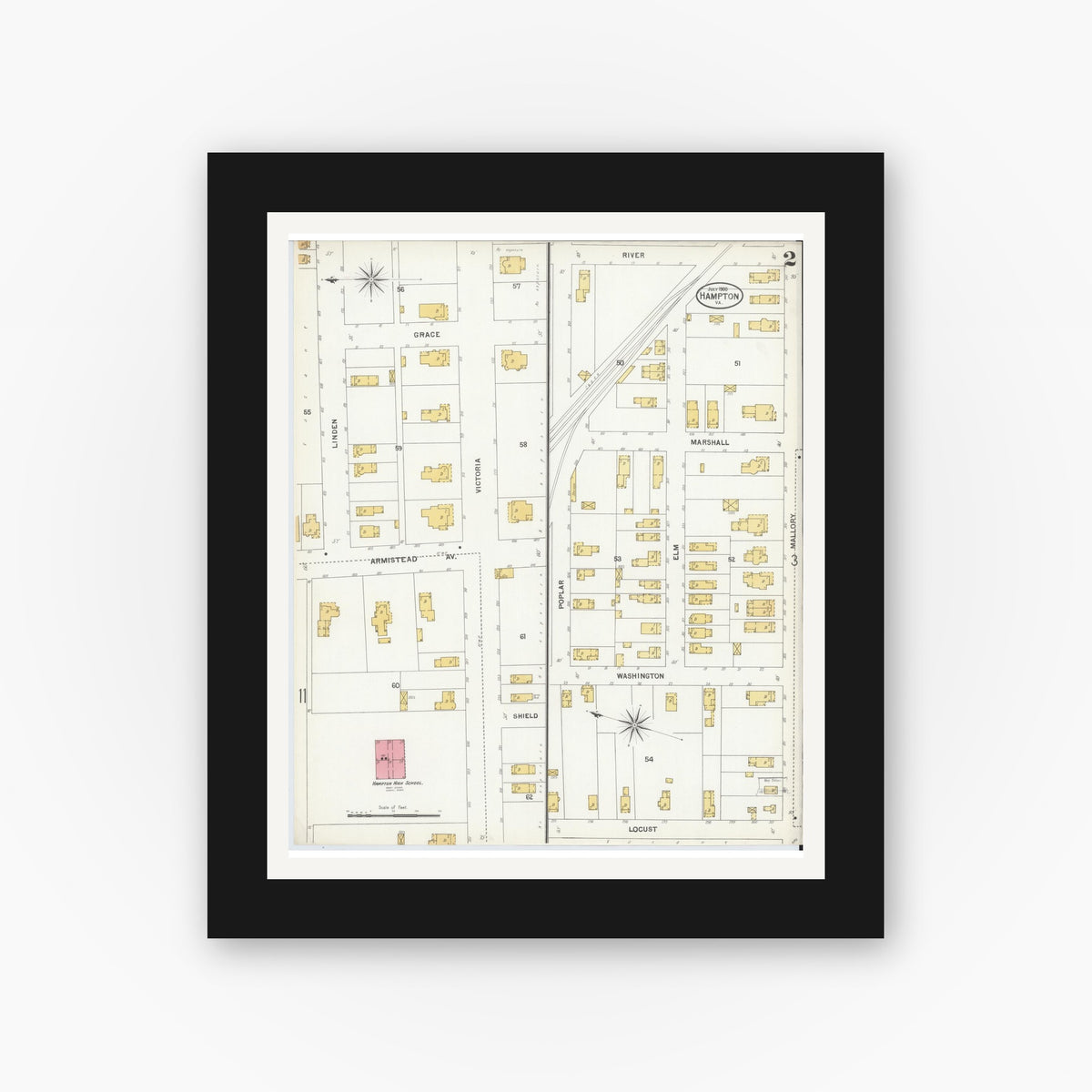 Old map wall art mockup — black gallery frame with white mat — Sanborn Fire Insurance Map from Hampton, Independent Cities, Virginia (1900), Sheet #0002